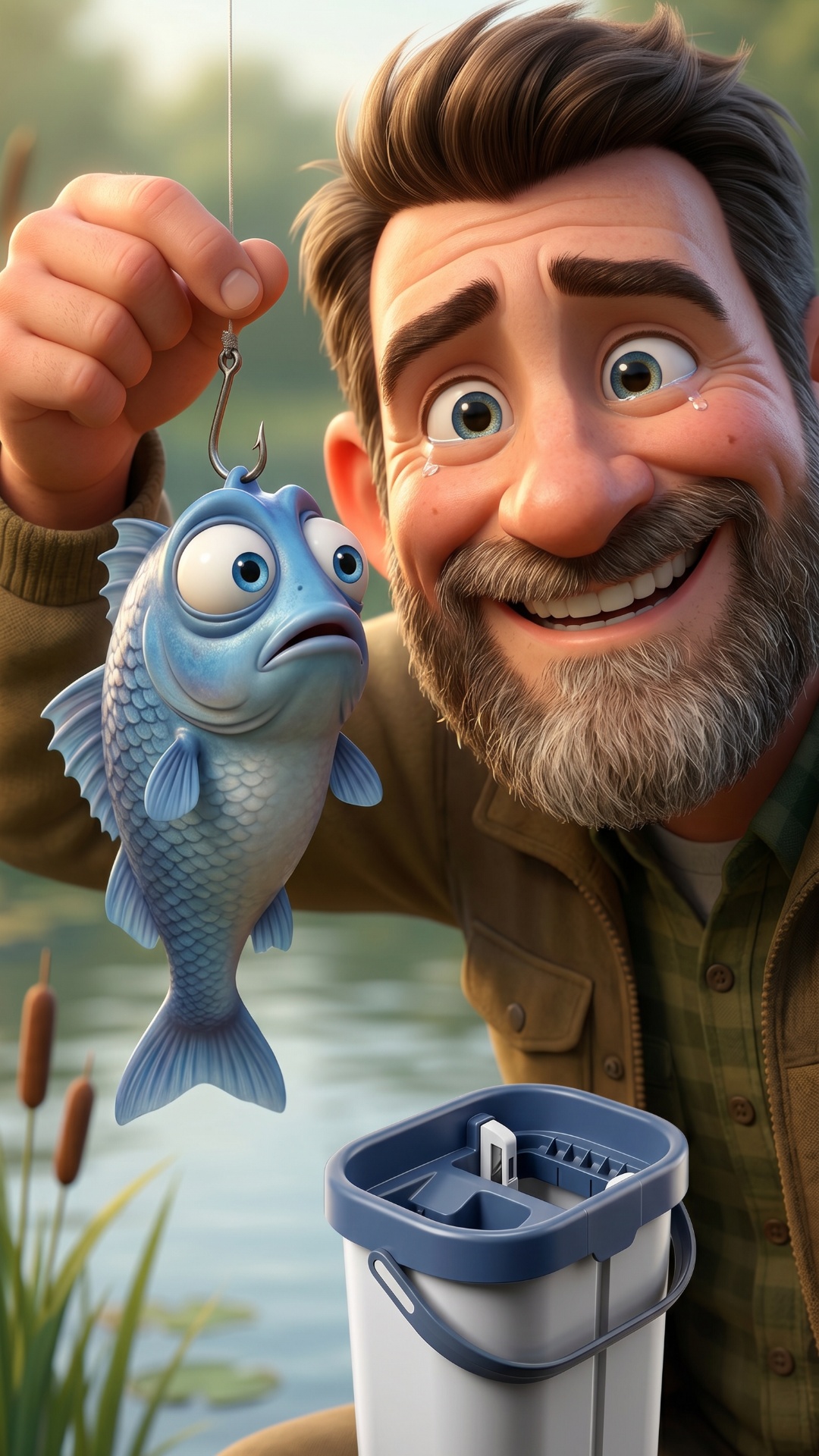 Close-up of father happily holding tiny cartoon fish on hook. Fish blinks nervously with huge eye...