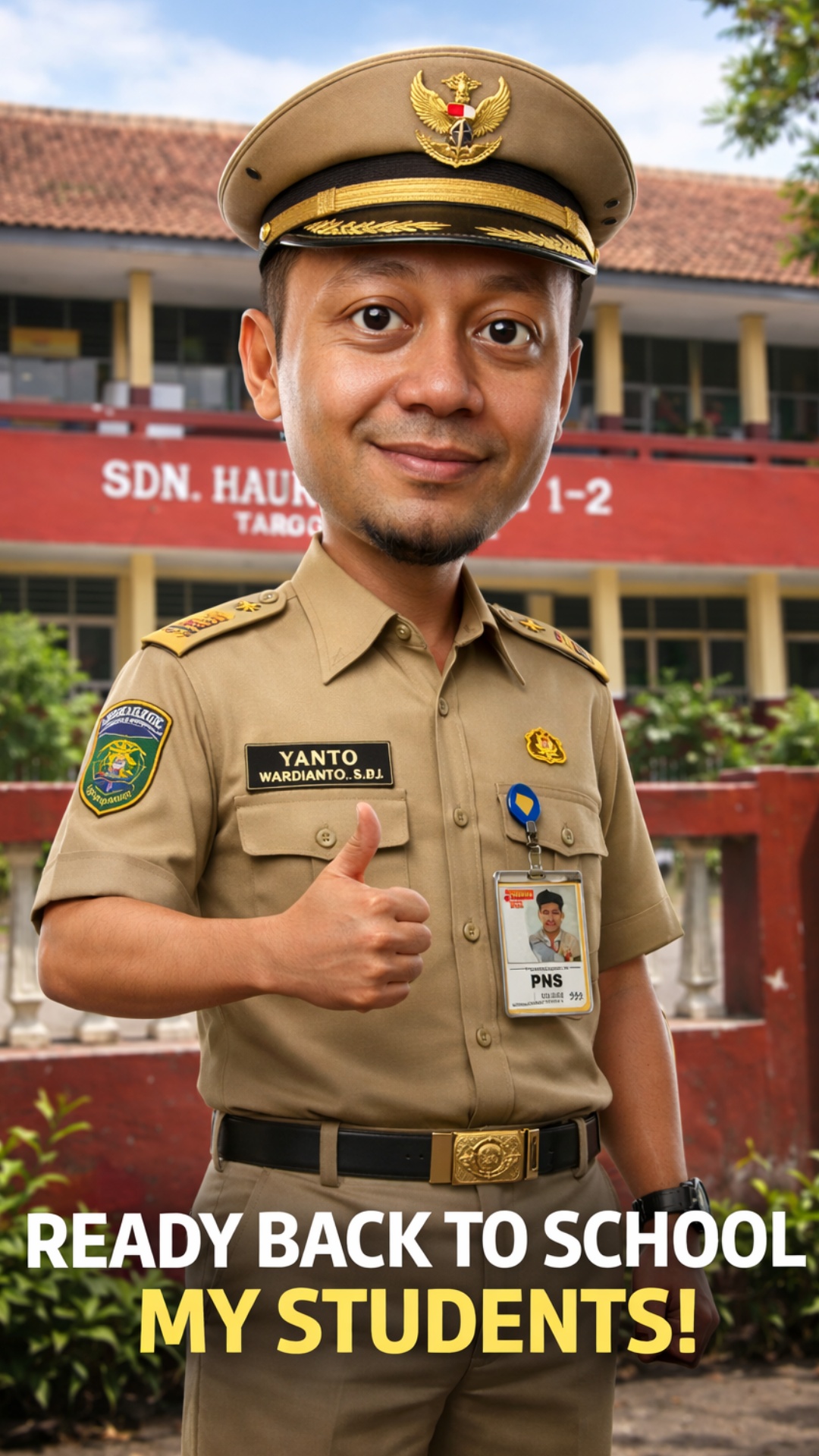 A cinematic transformation of an Indonesian elementary school teacher wearing a traditional brown...