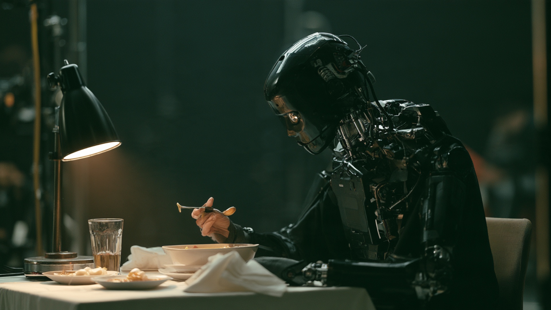 Static camera. The black robot eats soup with surgical precision: the spoon rises from the bowl t...