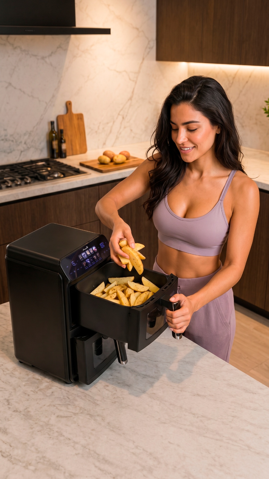 Realistic cinematic video.

The woman places potato wedges into the upper drawer of the air fry...
