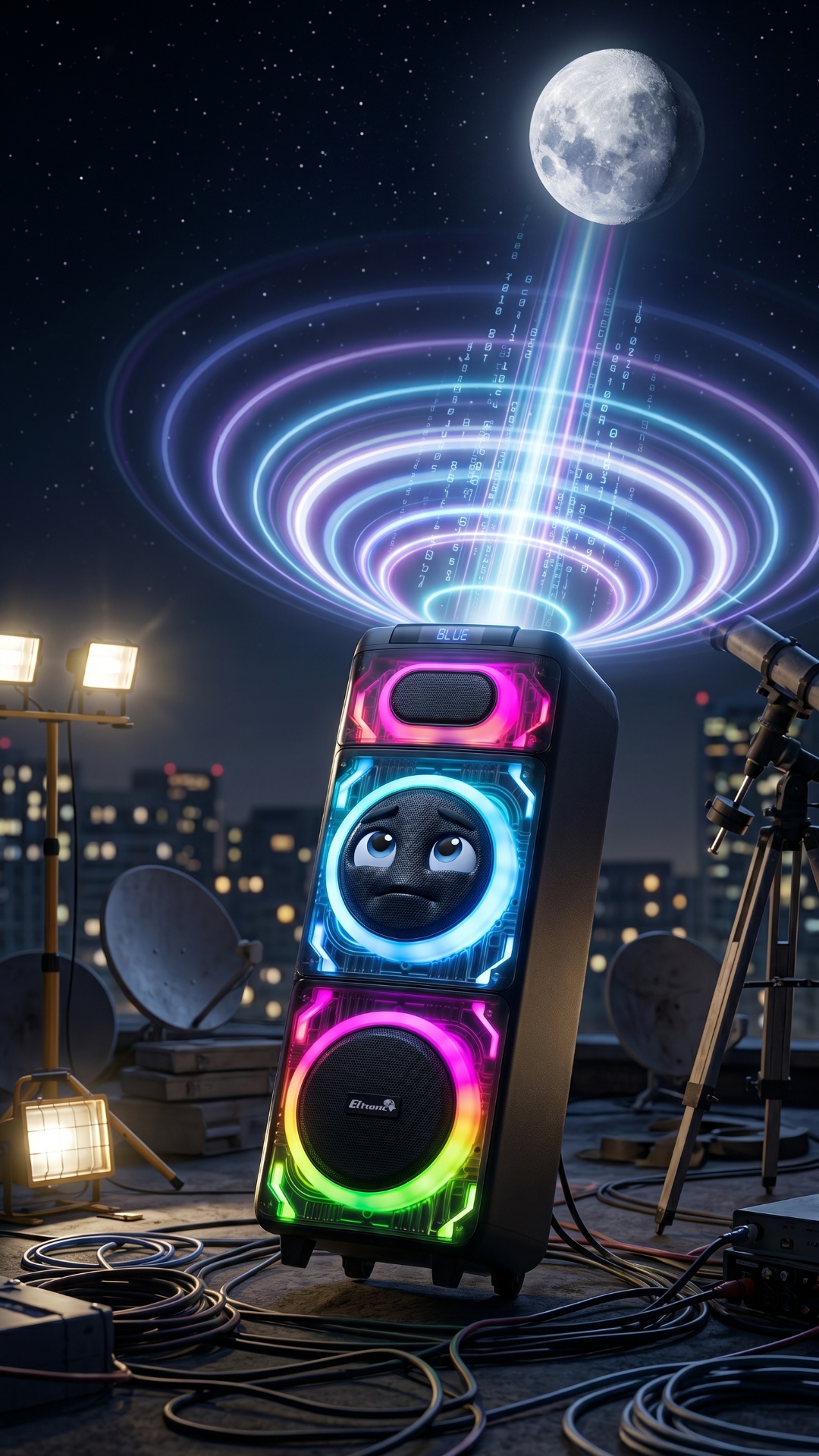 A single Eltronic speaker (20-22) stands on a rooftop at night. City lights in the background.

S...