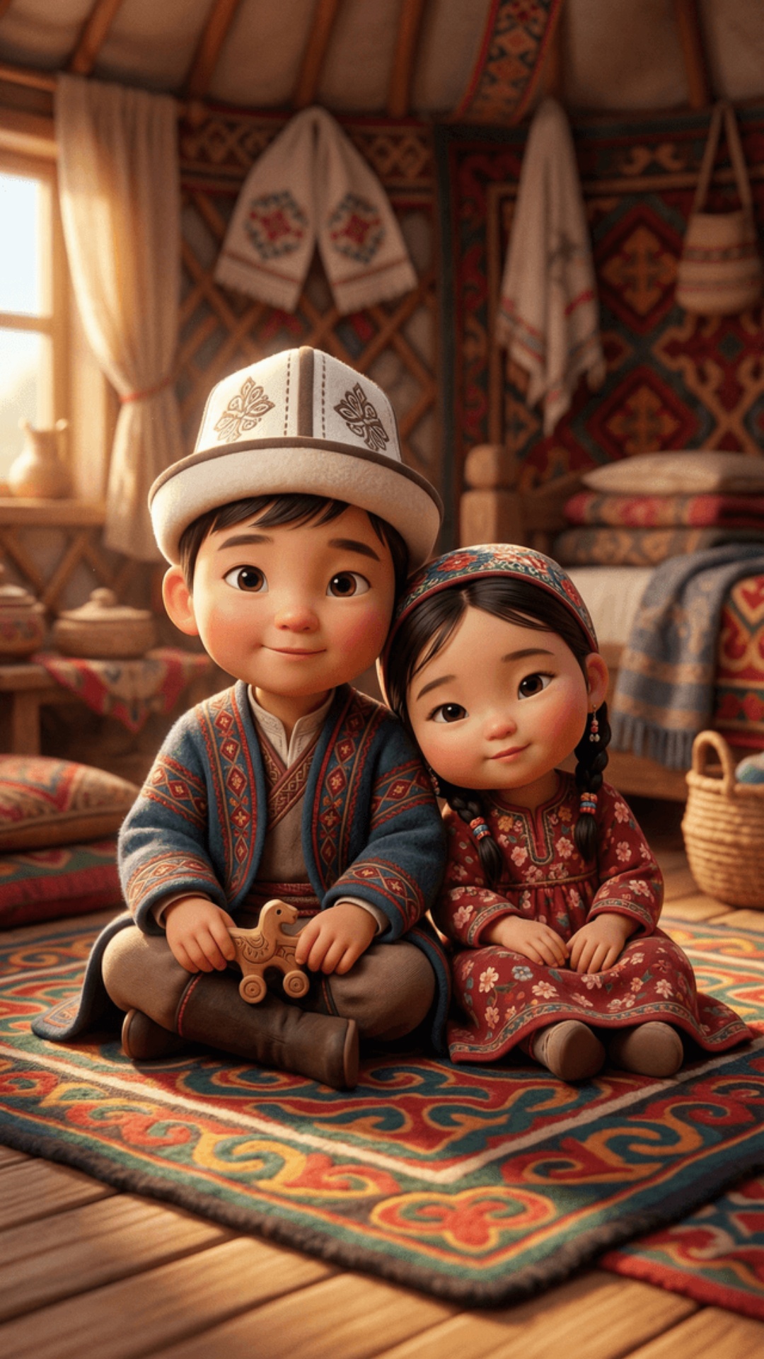 vertical 9:16, pixar style, stylized кыргыз characters

main character: кыргыз boy, 3 years old...