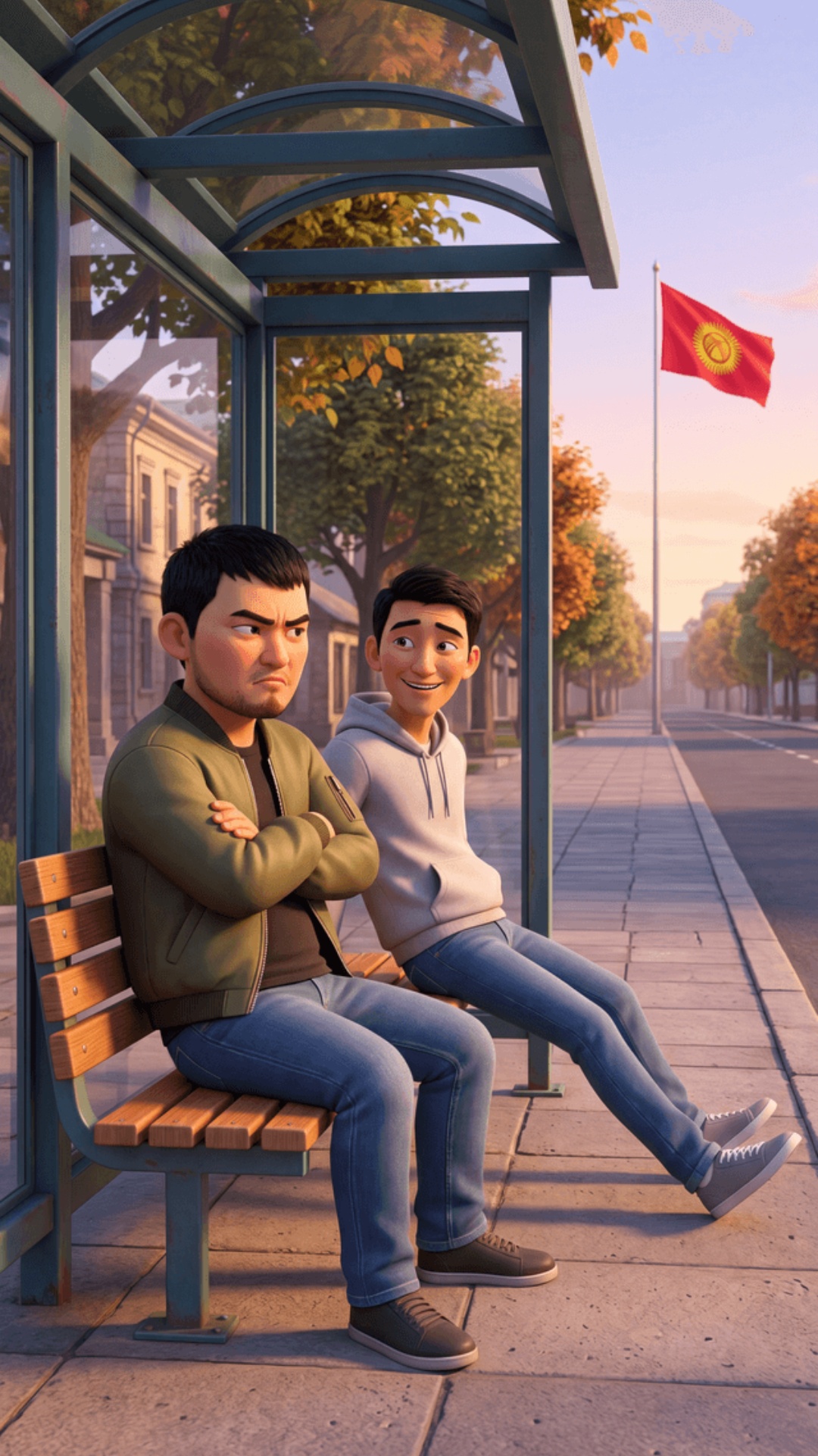 Pixar 3D animation, vibrant colors, soft warm sunset light, 9:16 vertical. Bishkek bus stop, Kyrg...