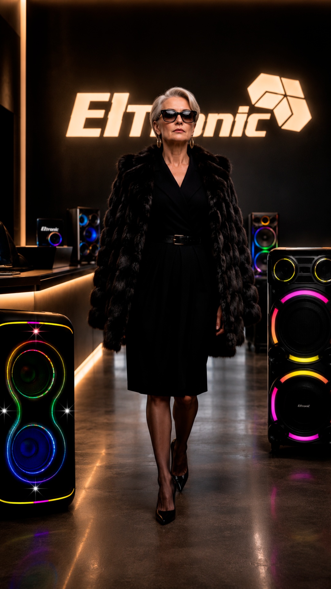 Vertical 9:16 video. Older woman in black walks slowly through the Eltronic office showroom. High...