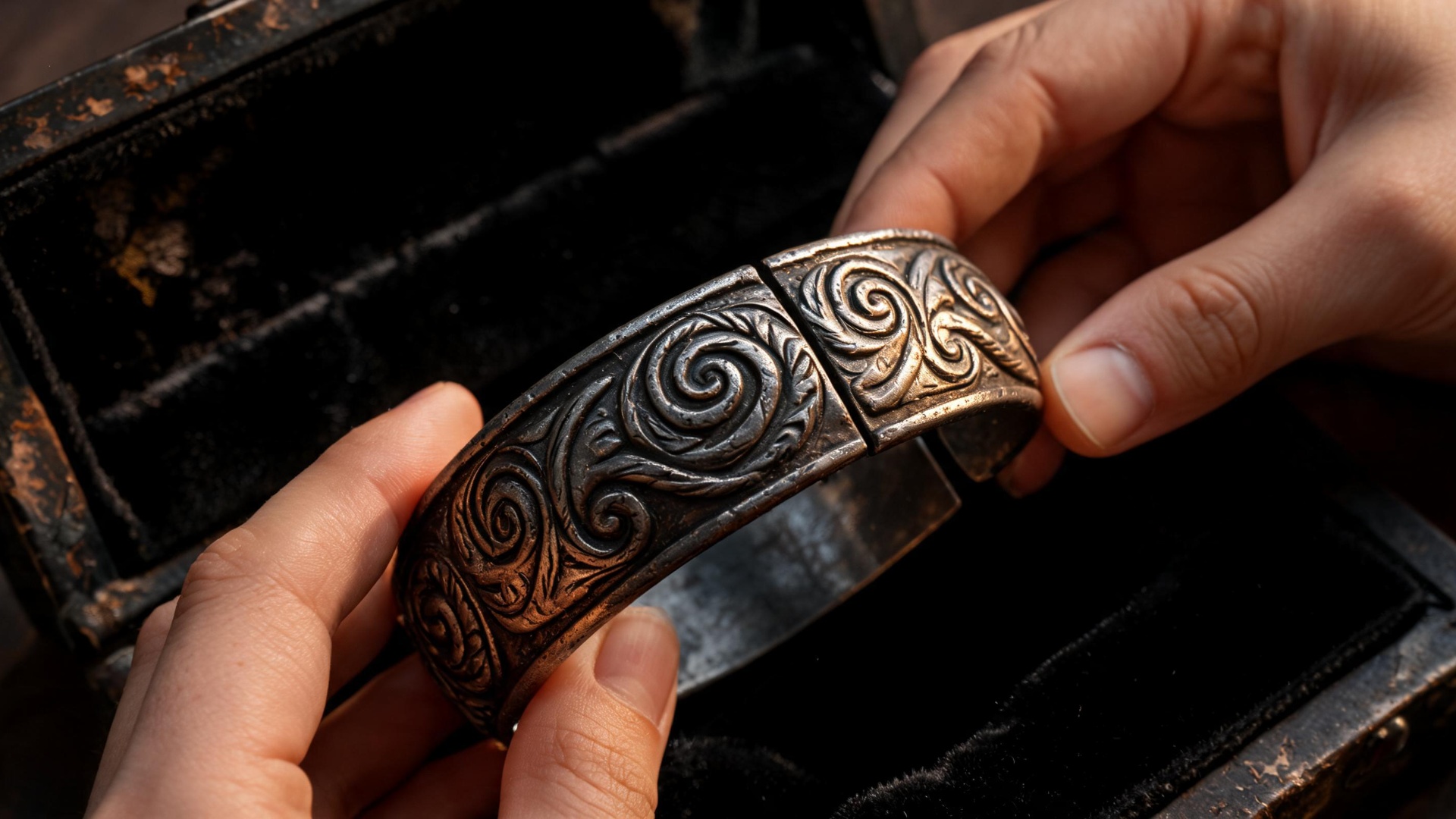 extremely slow zoom in toward the bracelet, hands holding still, golden light flickering on engra...