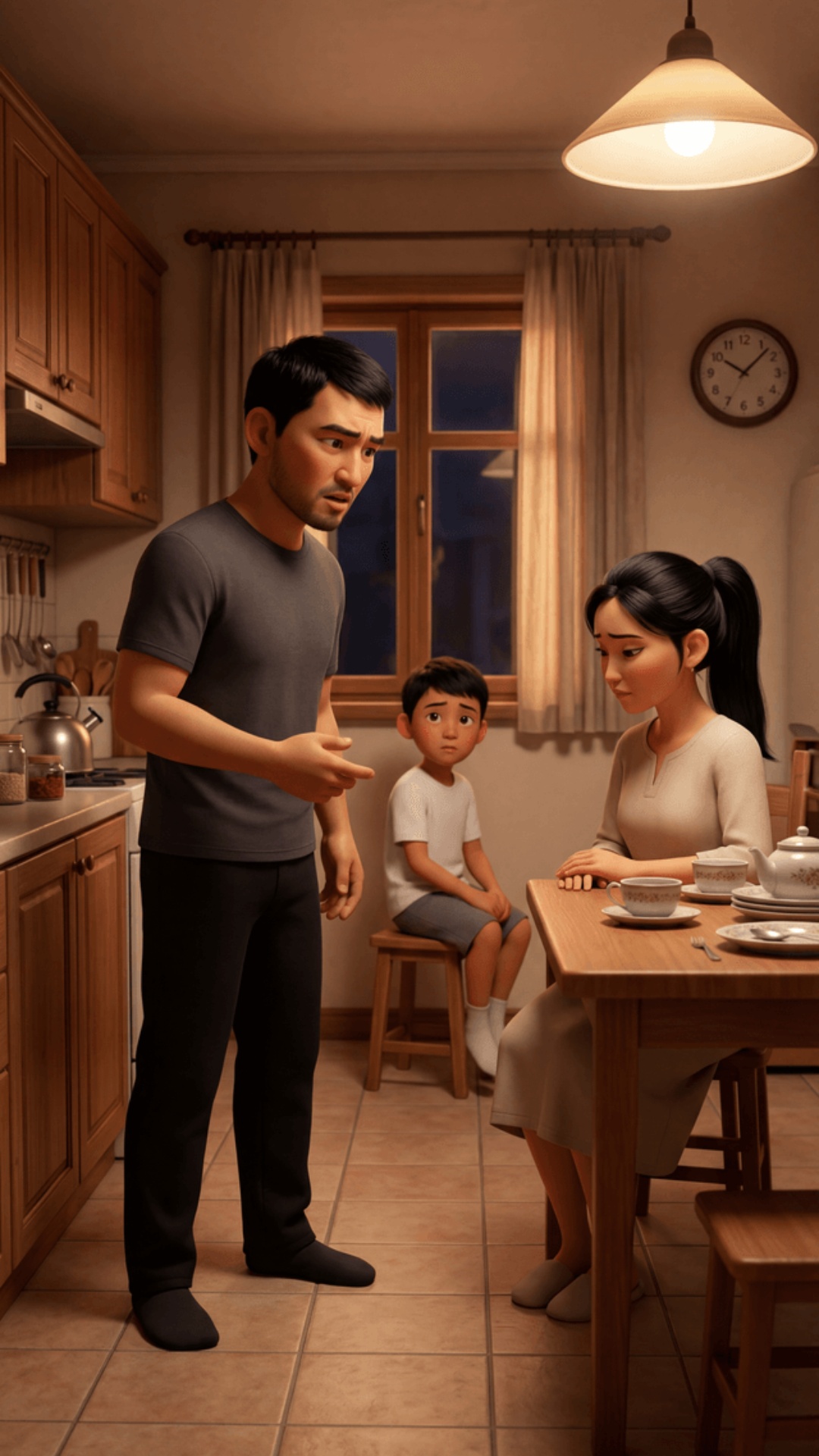 Cinematic 3D Pixar-style animation, cozy Kyrgyz kitchen.

Father: Kyrgyz man, 30, short black hai...