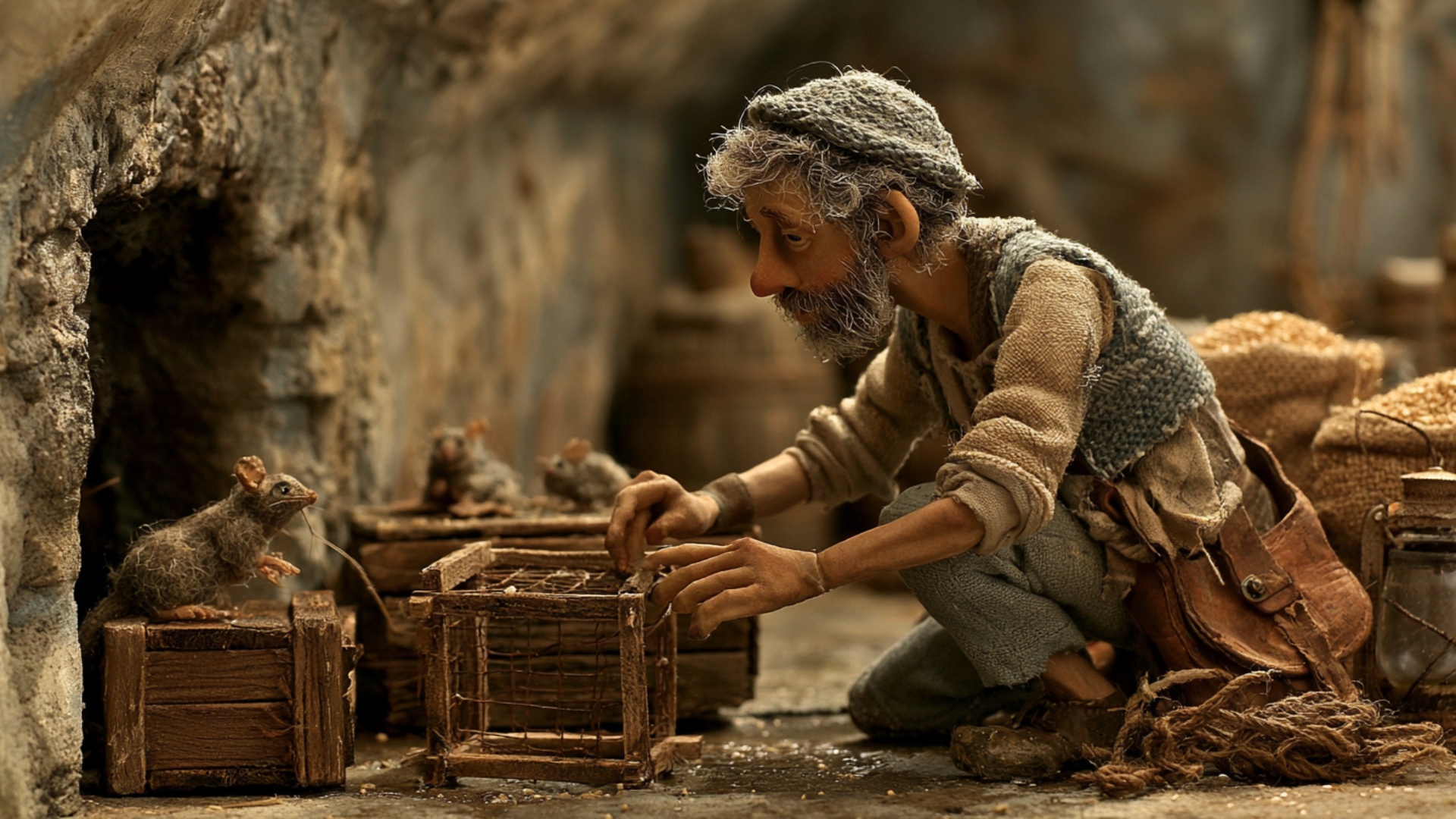 The rat catcher slowly adjusts the existing wooden cage trap with both hands, carefully lifting t...