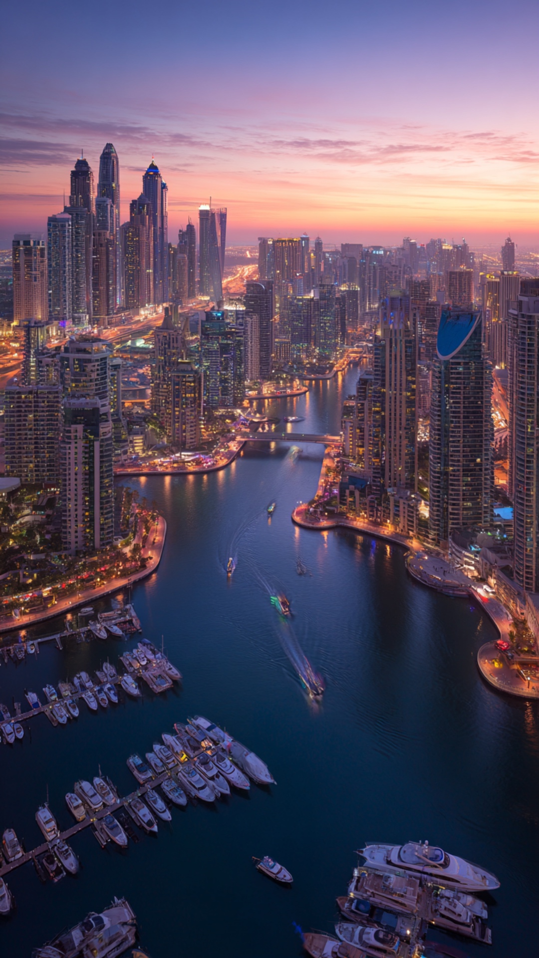 Cinematic aerial shot of Dubai Marina at sunset, yachts slowly moving in the harbor, water reflec...