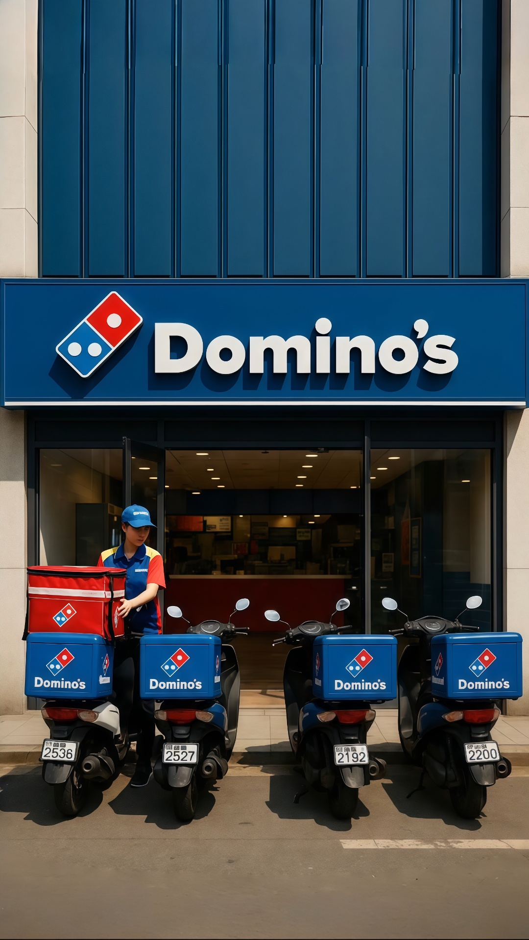 Four Domino’s delivery scooters are parked neatly in front of the Domino’s Pizza store.
Suddenly,...
