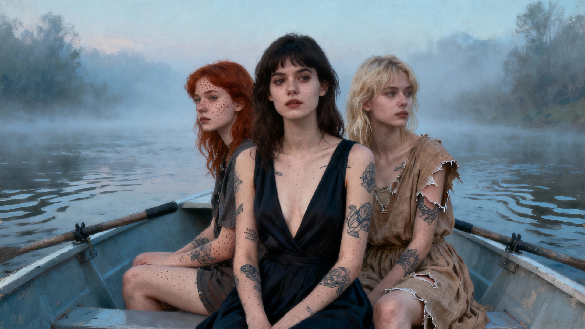 Trois jeunes femmes regardent ici et là à travers le brouillard les bâtiments désaffectés sur la ...