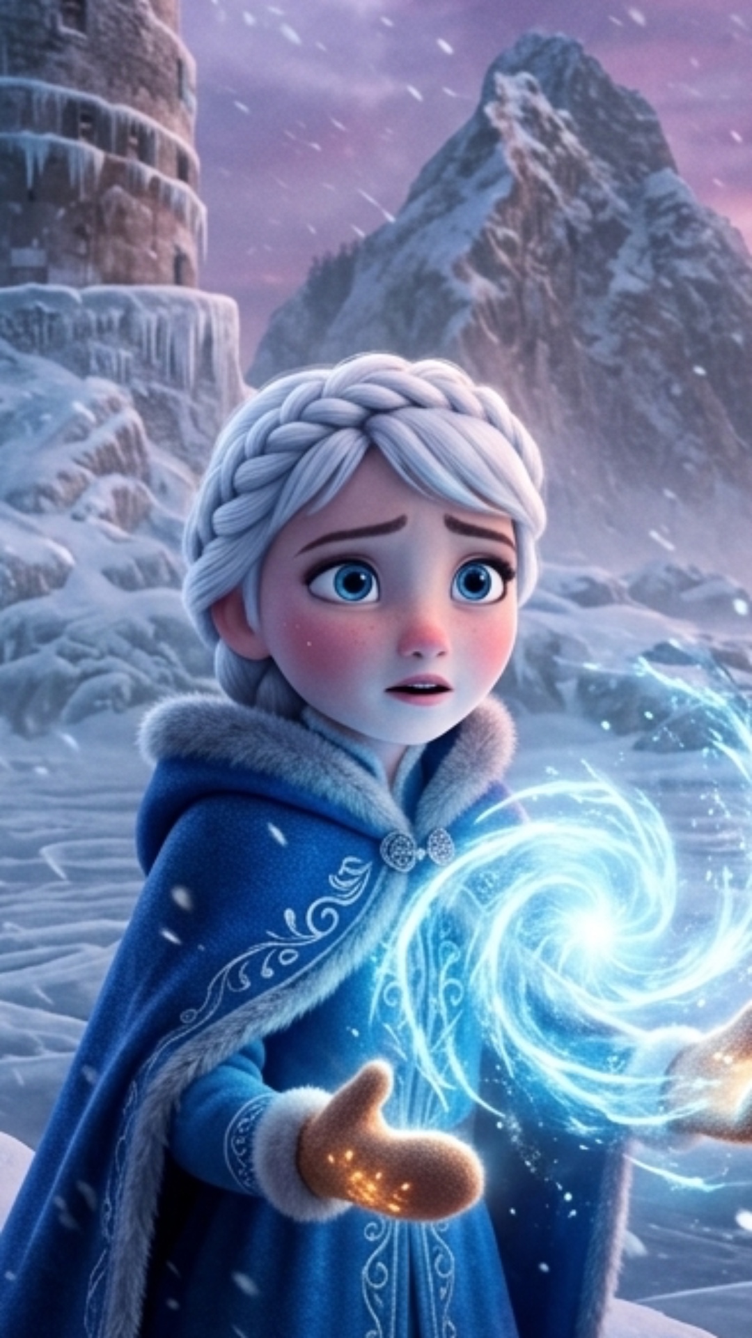 slow cinematic orbit around northern girl using magical ice powers during snowstorm near ocean cl...