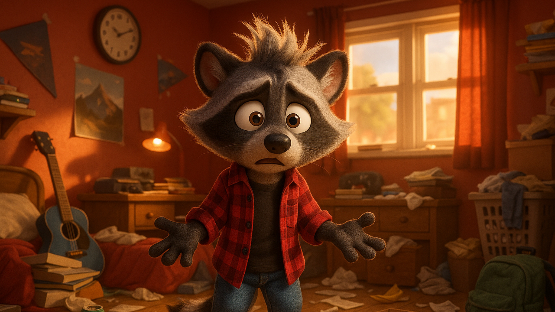 anthro raccoon kid looks confused and overwhelmed of his messy room