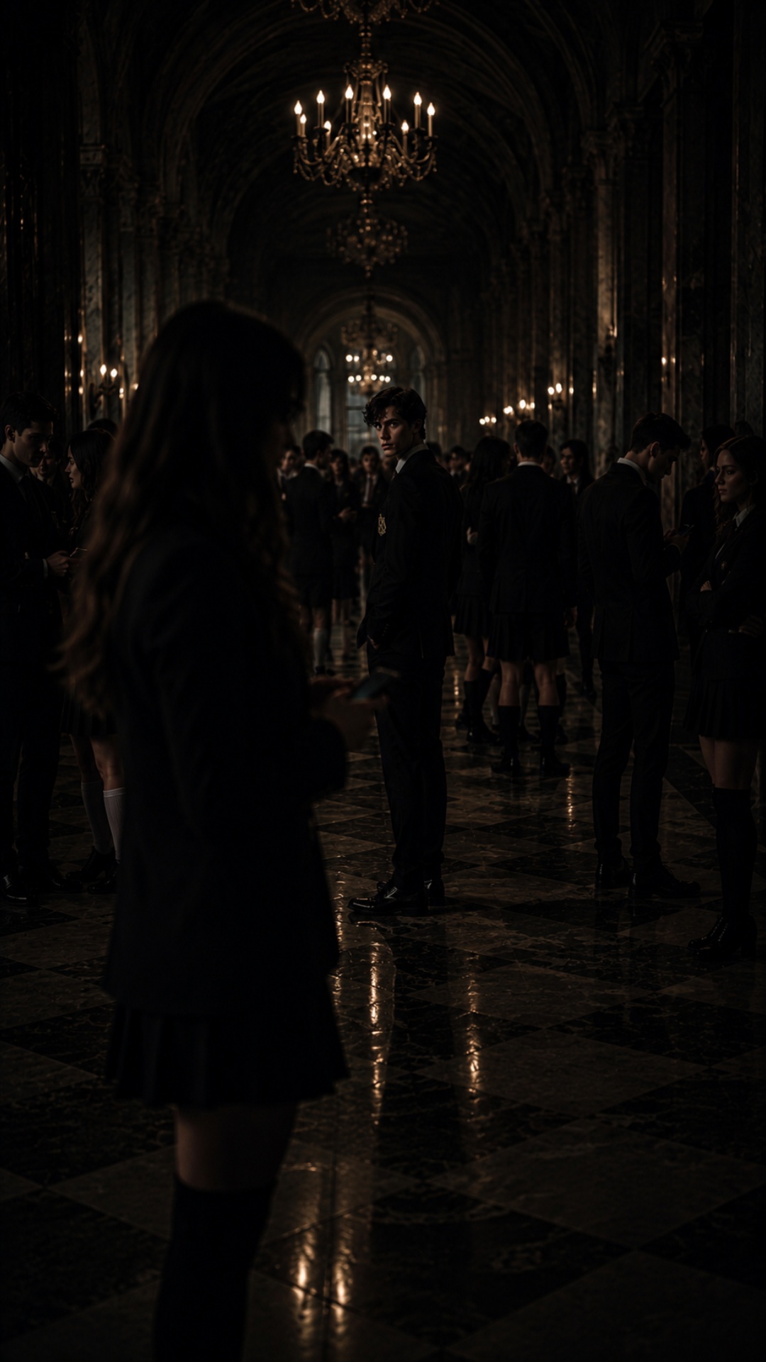 cinematic secret photo atmosphere inside a luxurious gothic academy hall, elite students in expen...