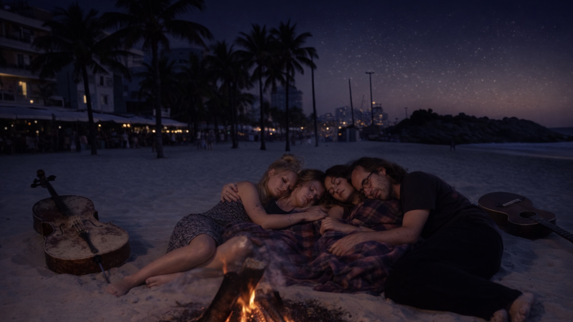 Dans le froid de la nuit, deux couples d'amoureux se forment... Le ciel rougeoie.