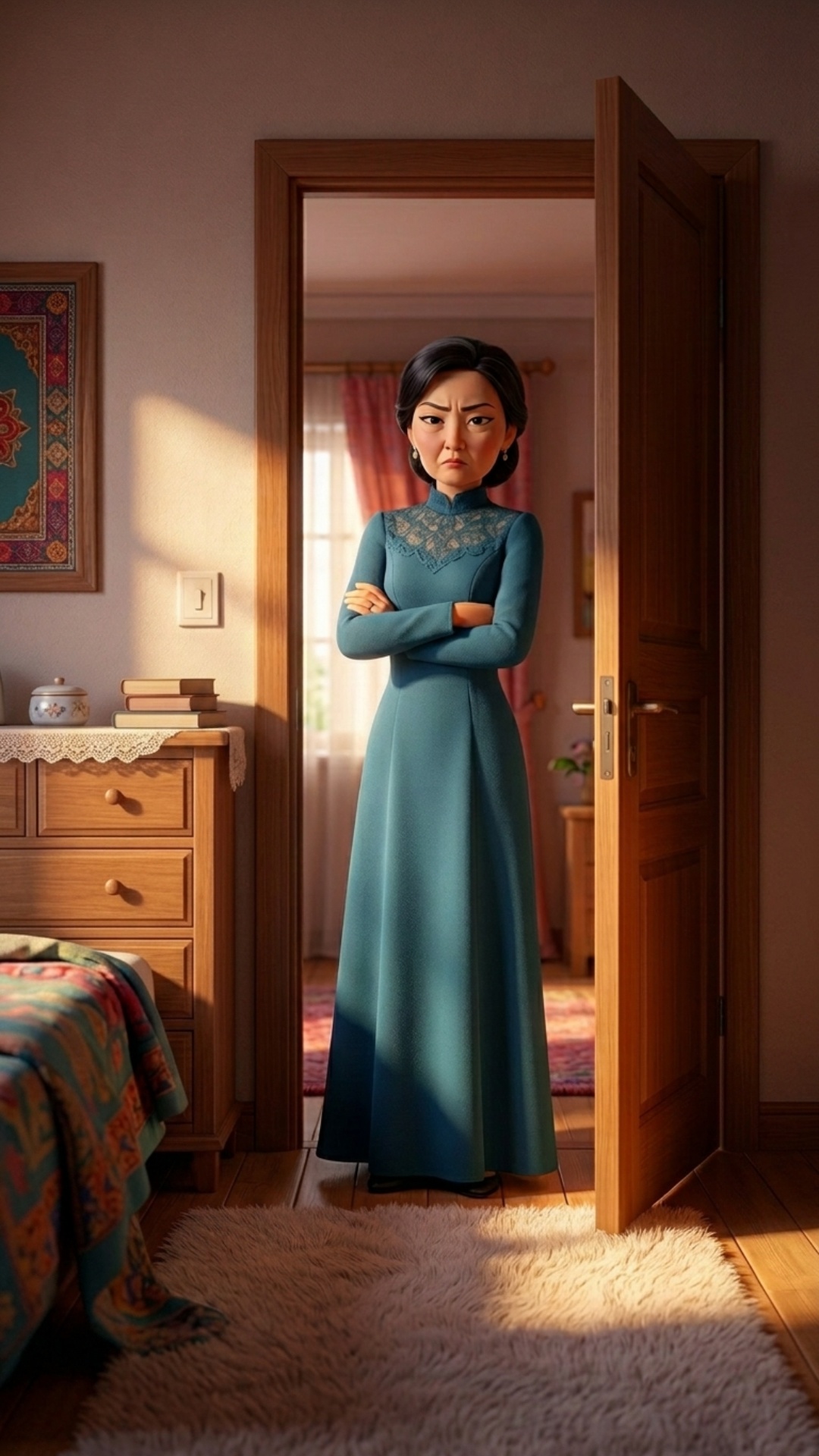 3D Pixar-style animated scene. A cozy modern bedroom in a middle-class Kazakh family home during ...