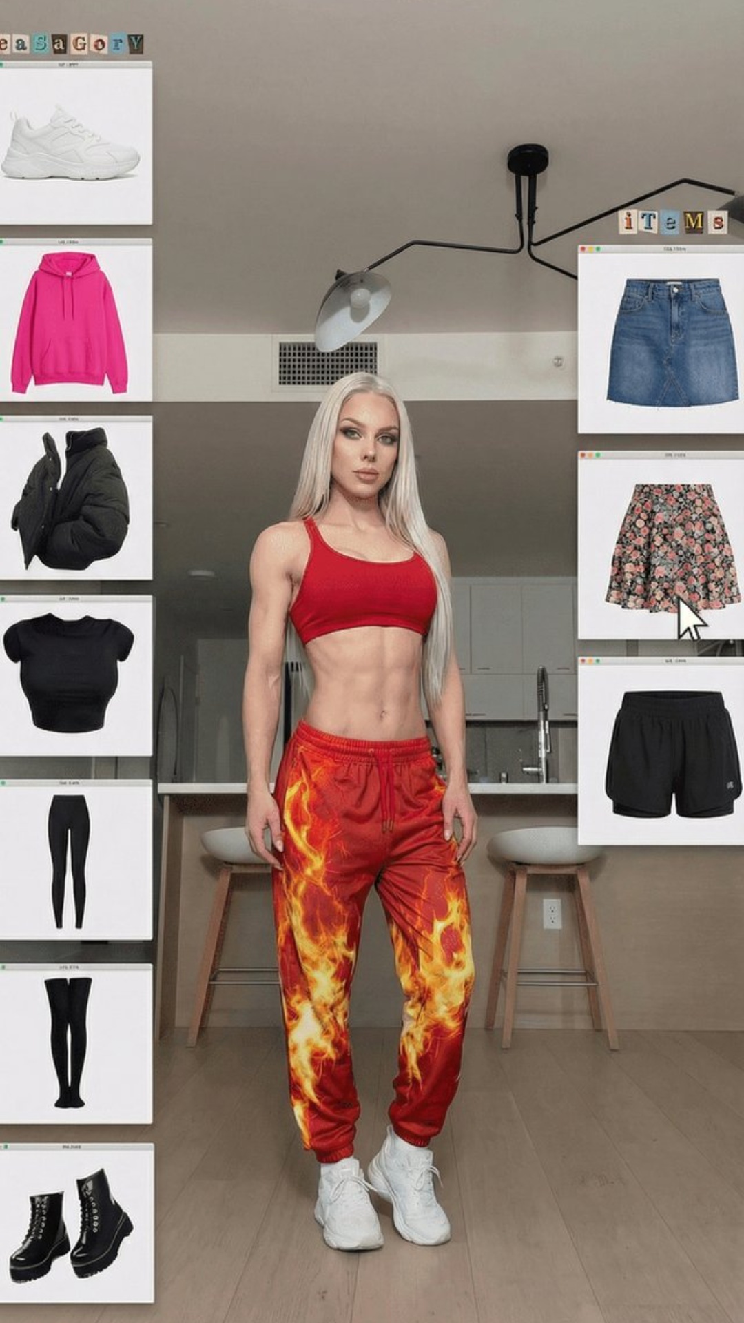 The woman points at the outfit on the left.
Her clothes change instantly to match the selected ou...