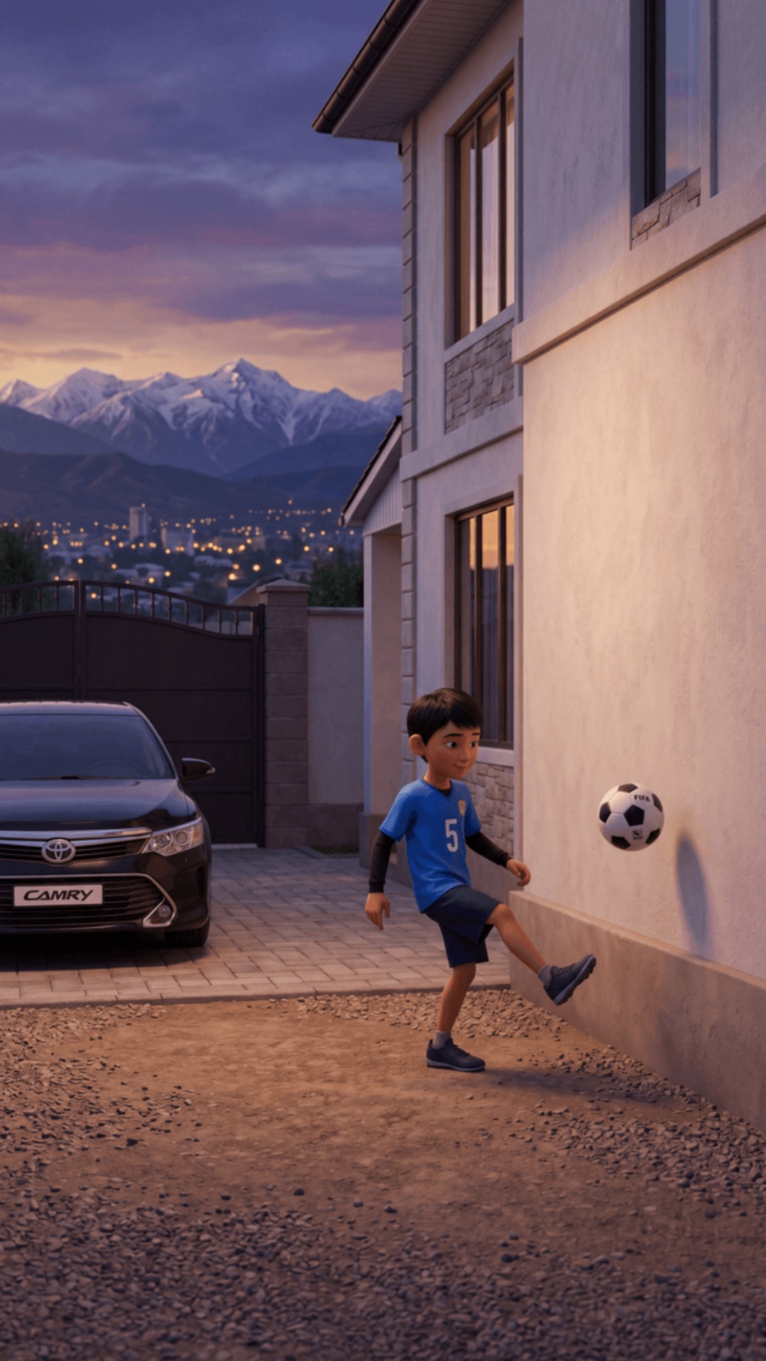 Pixar 3D animation style, cinematic quality.
Evening, outside upper-middle class private Kyrgyz ...