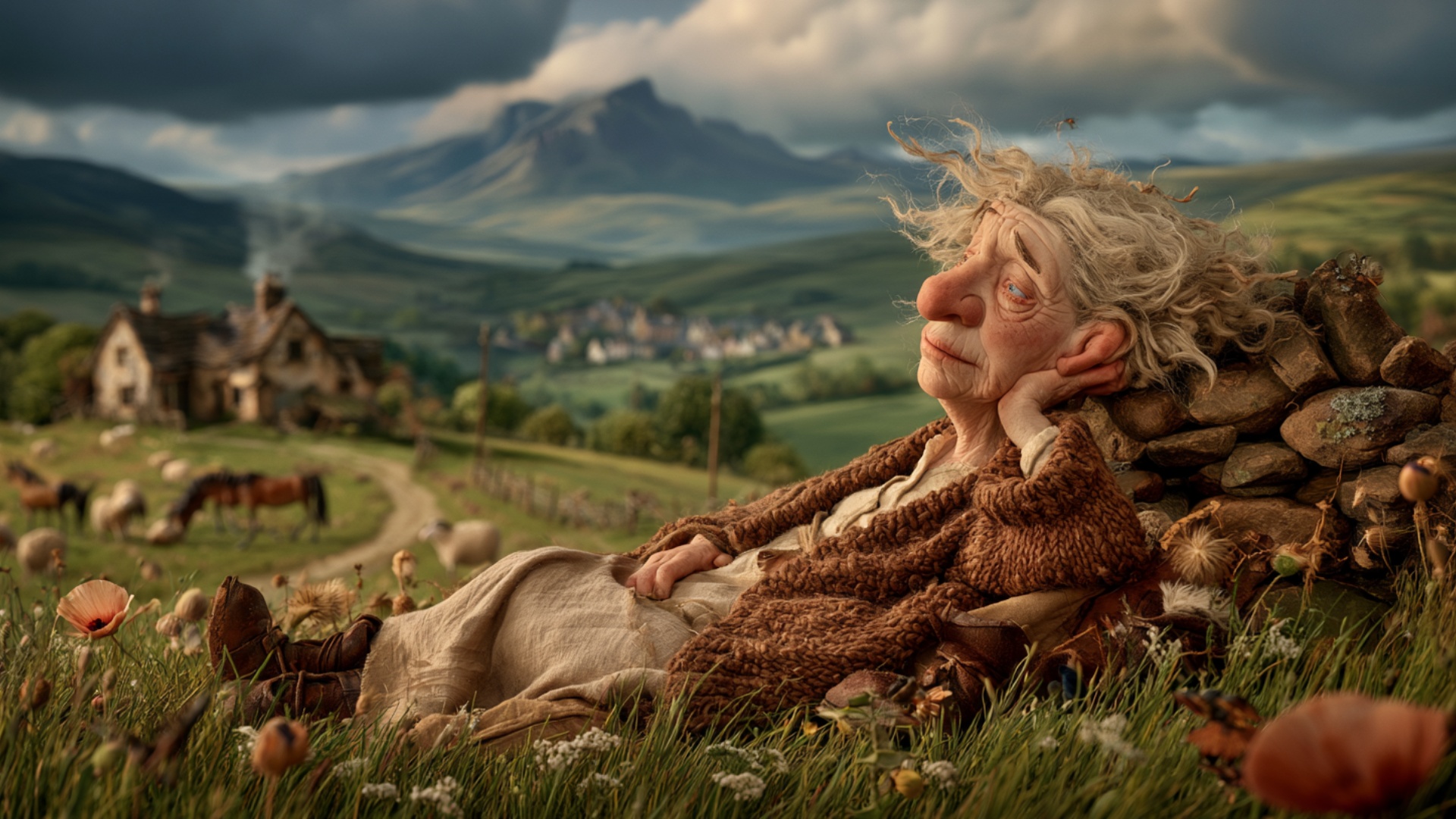 The elderly woman remains reclining comfortably against the existing stone wall, one hand support...