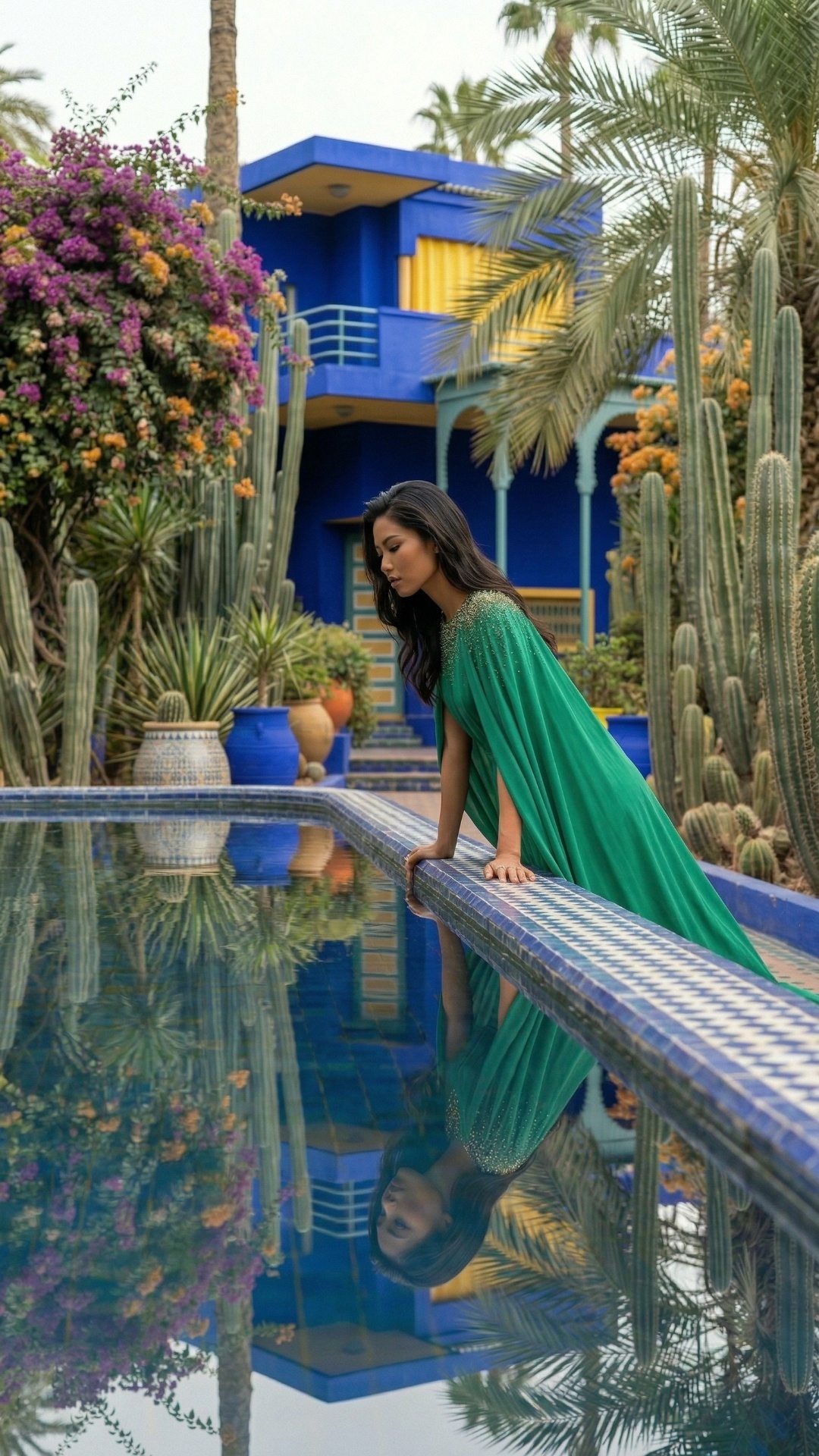 she is looking at her reflection in the water