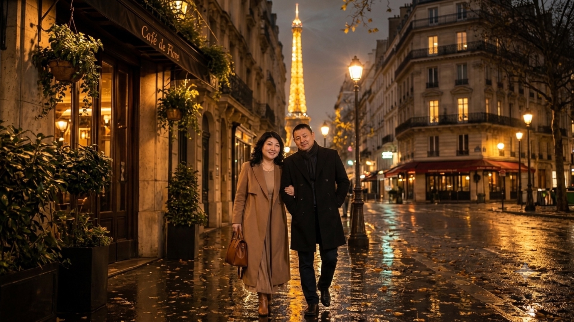 Photorealistic, 8k resolution, slow motion. The elegant couple is holding hands and walking forwa...
