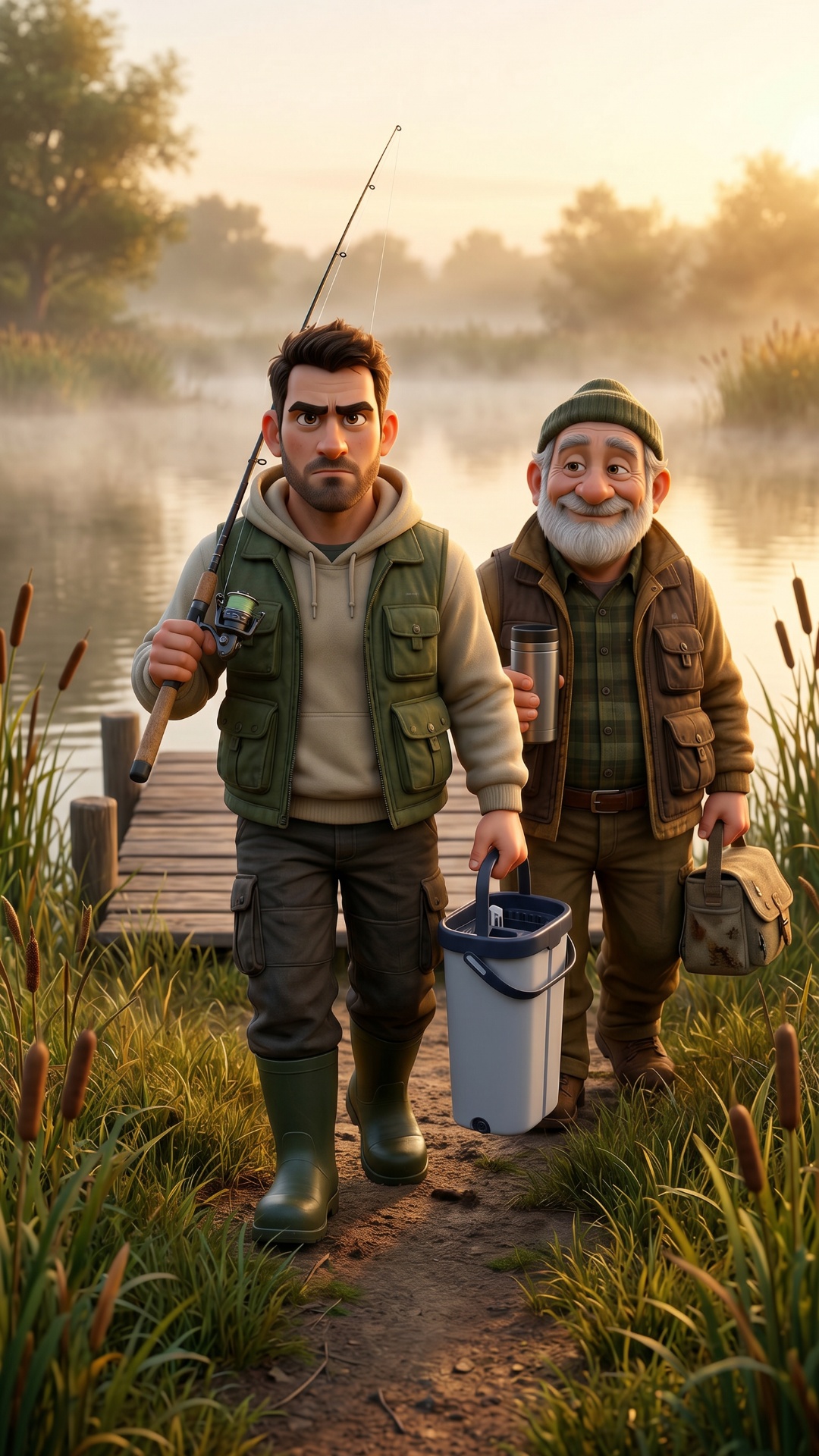 Cinematic sunrise at lake. Father walks seriously toward the pond carrying fishing rod and Eltron...