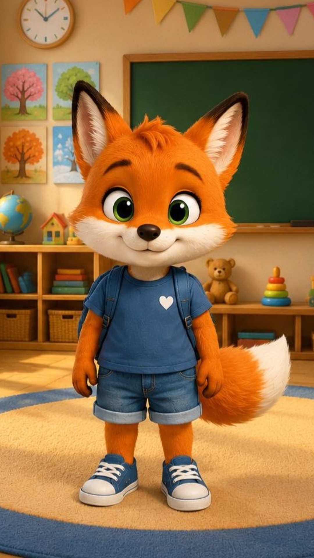 The cute fox character stands in a cozy kindergarten classroom, smiles warmly and waves at the ca...