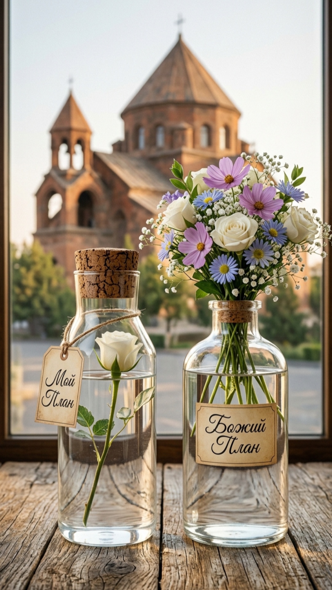 A cinematic close-up scene of two glass bottles on a wooden table near a window, with an Armenian...