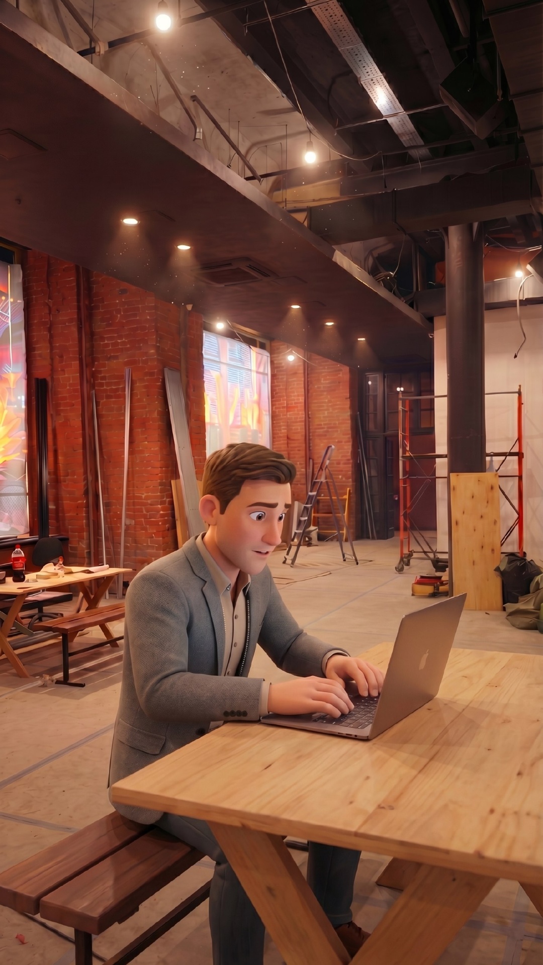 static cinematic shot, man sitting at wooden table working on laptop, subtle typing motion, warm ...