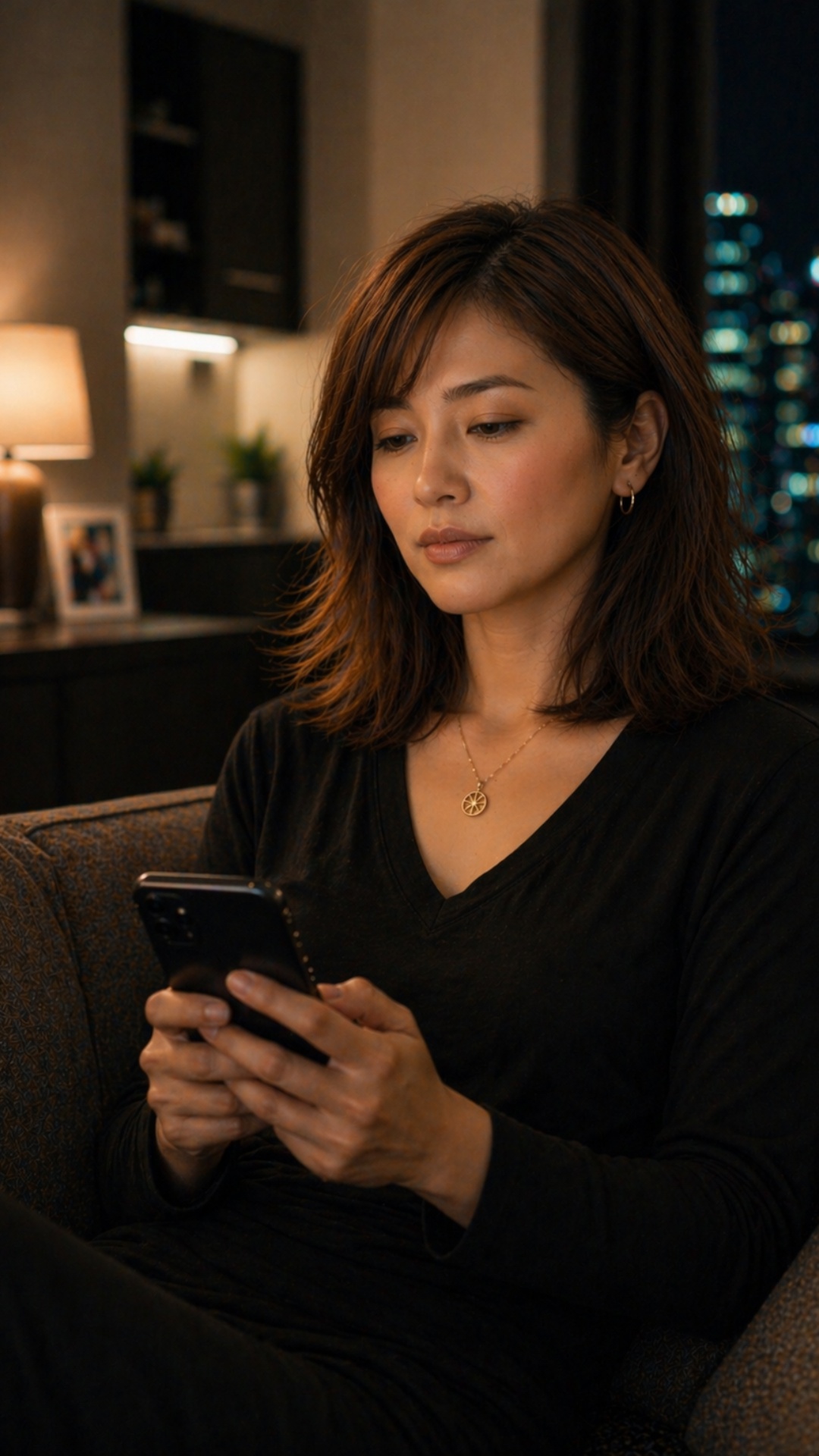 Woman sitting alone at home on sofa, holding smartphone, browsing apartment listings, warm apartm...