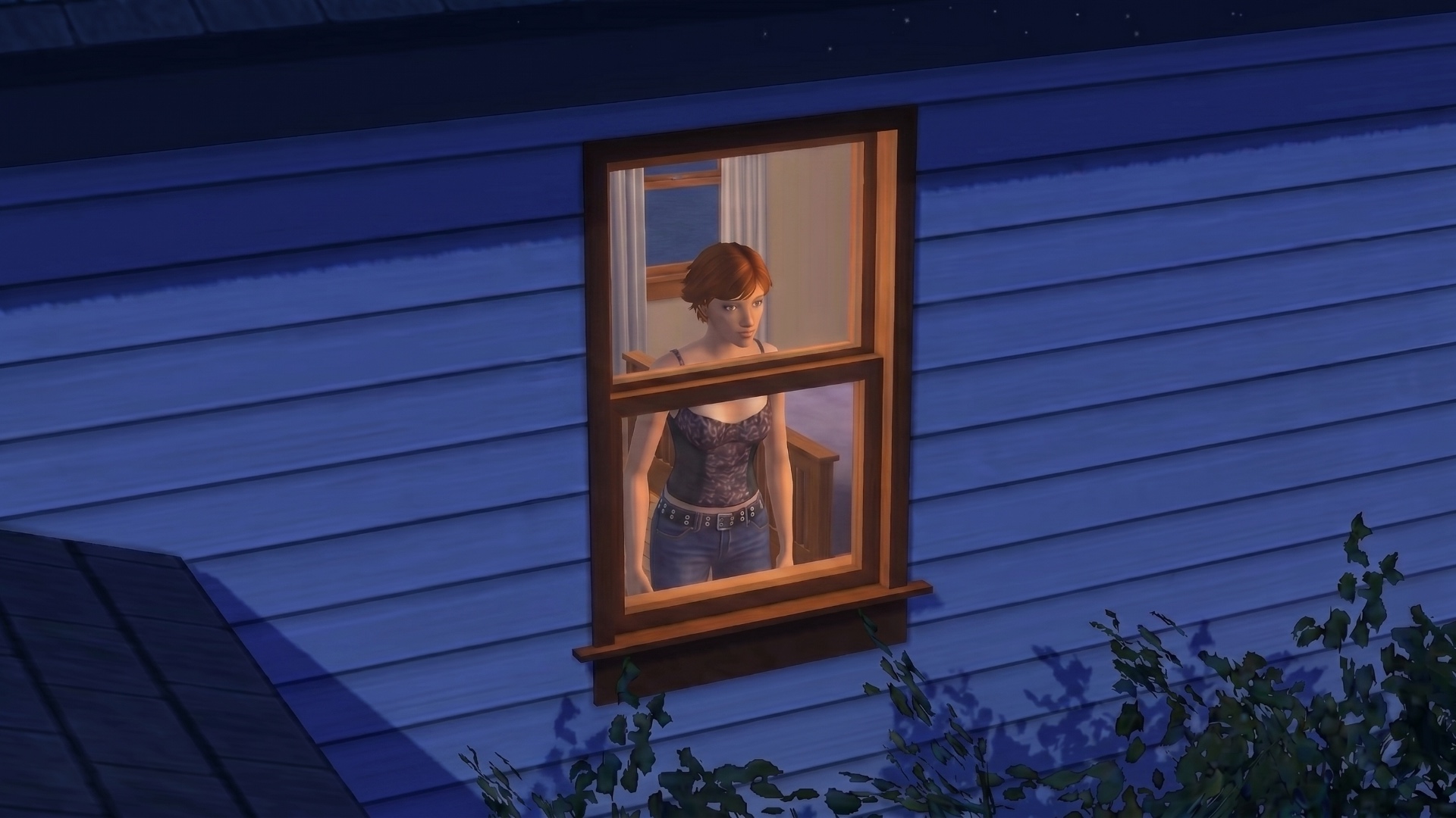 Персонаж грустно смотрит в окно, краника и движения в стиле игры the sims 2