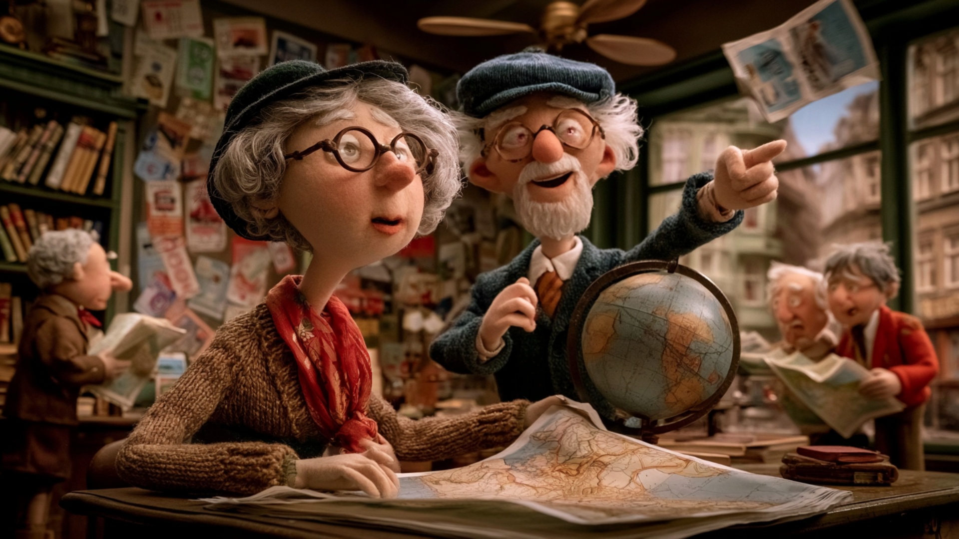 The elderly man gently spins the globe with one hand, lets it rotate for a moment, then stops it ...