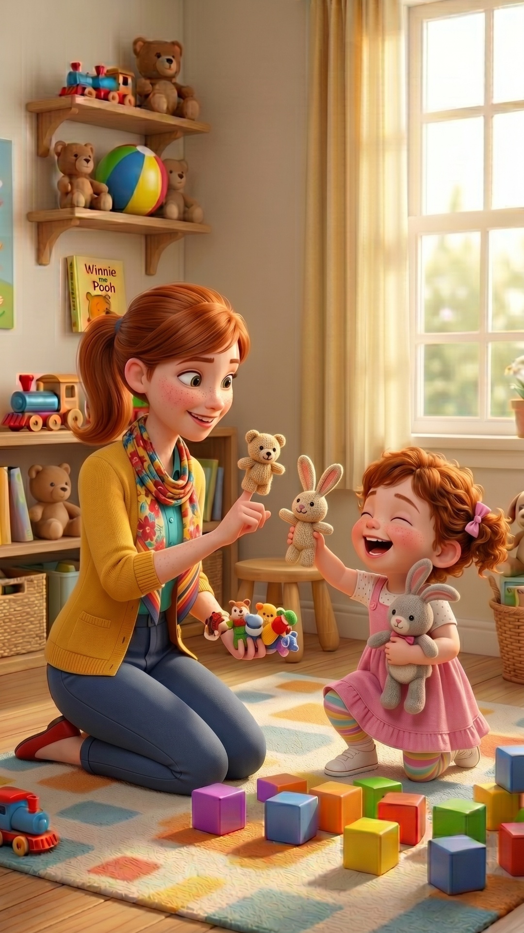 3D-анимация в стиле Pixar. Теплая образовательная сцена в уютной детской. Начальное состояние: Ми...