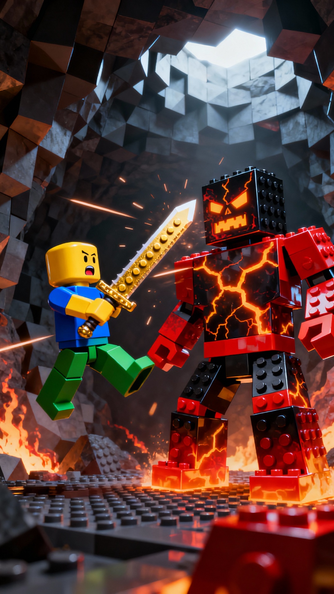 A LEGO-style Roblox Noob warrior with a yellow head, blue torso, and green legs, battle-worn with...