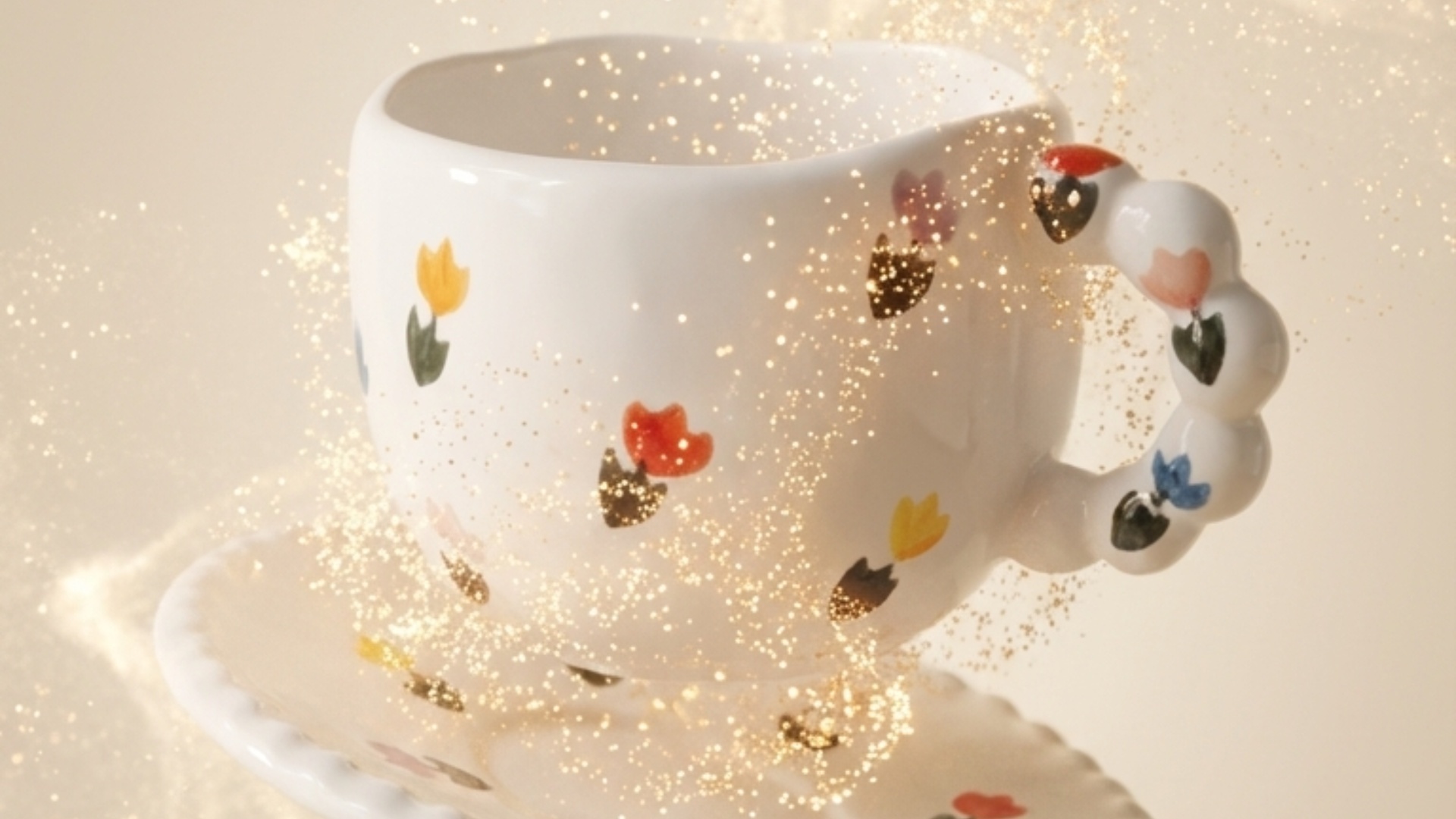 Animate the existing photo.

The ceramic tea cup with saucer slowly rotates in place, very gently...