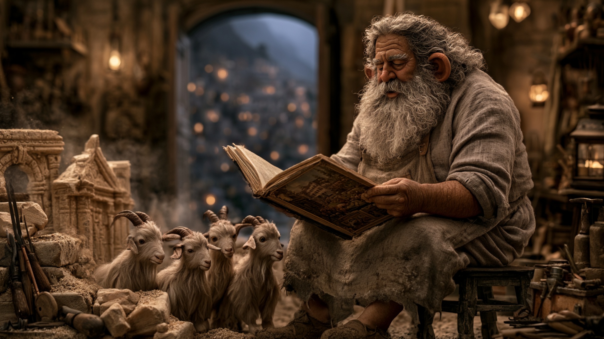 Start from the exact seated pose with the large book open in his hands and the goats already gath...