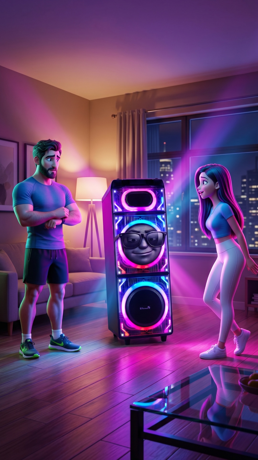 speaker slightly leans forward, smug expression, RGB lights pulse sharper

man freezes awkwardl...