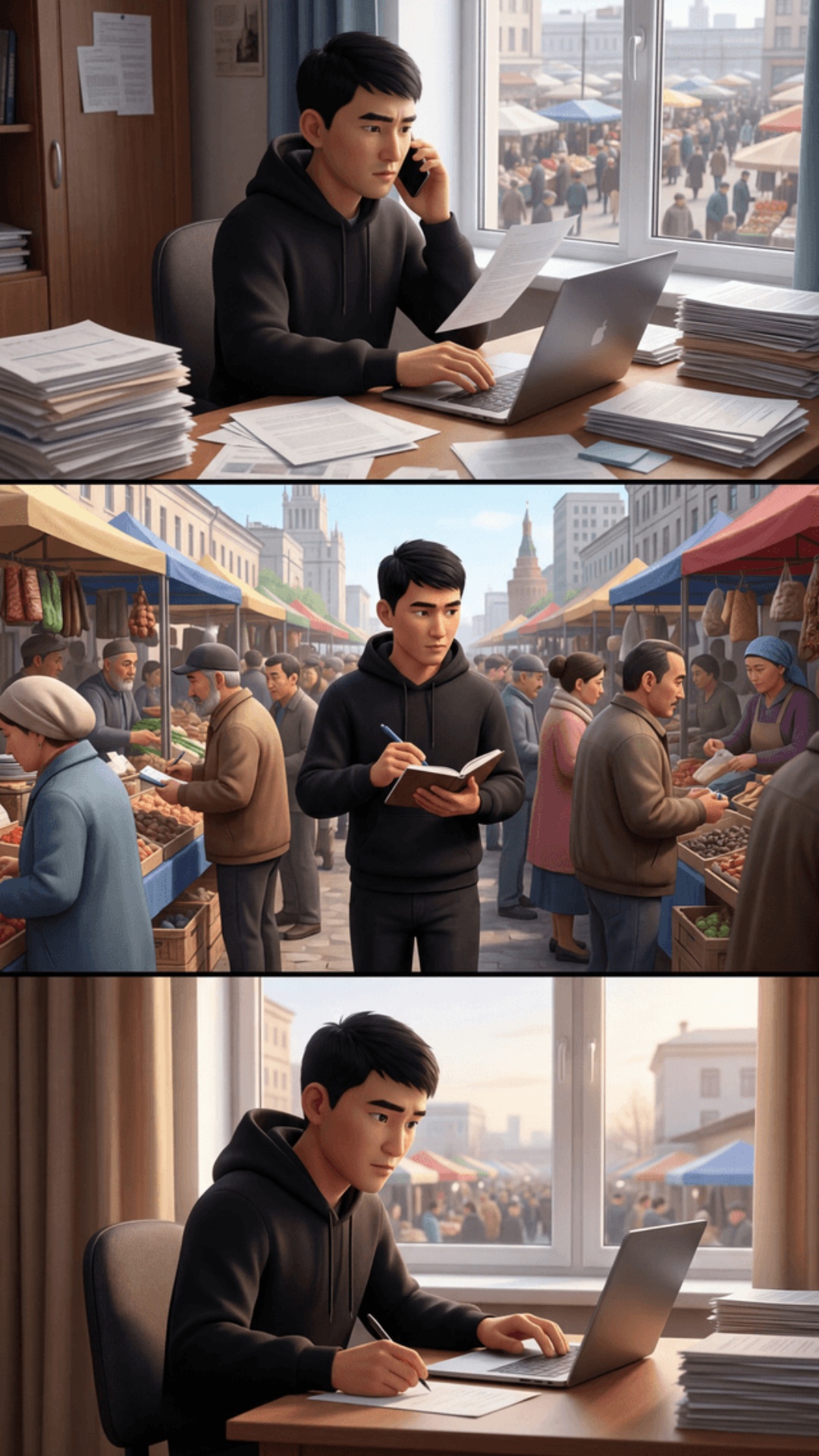 Cinematic Pixar style 3D animation, vertical 9:16.

Spring daytime, Moscow. Same Baktybek in al...