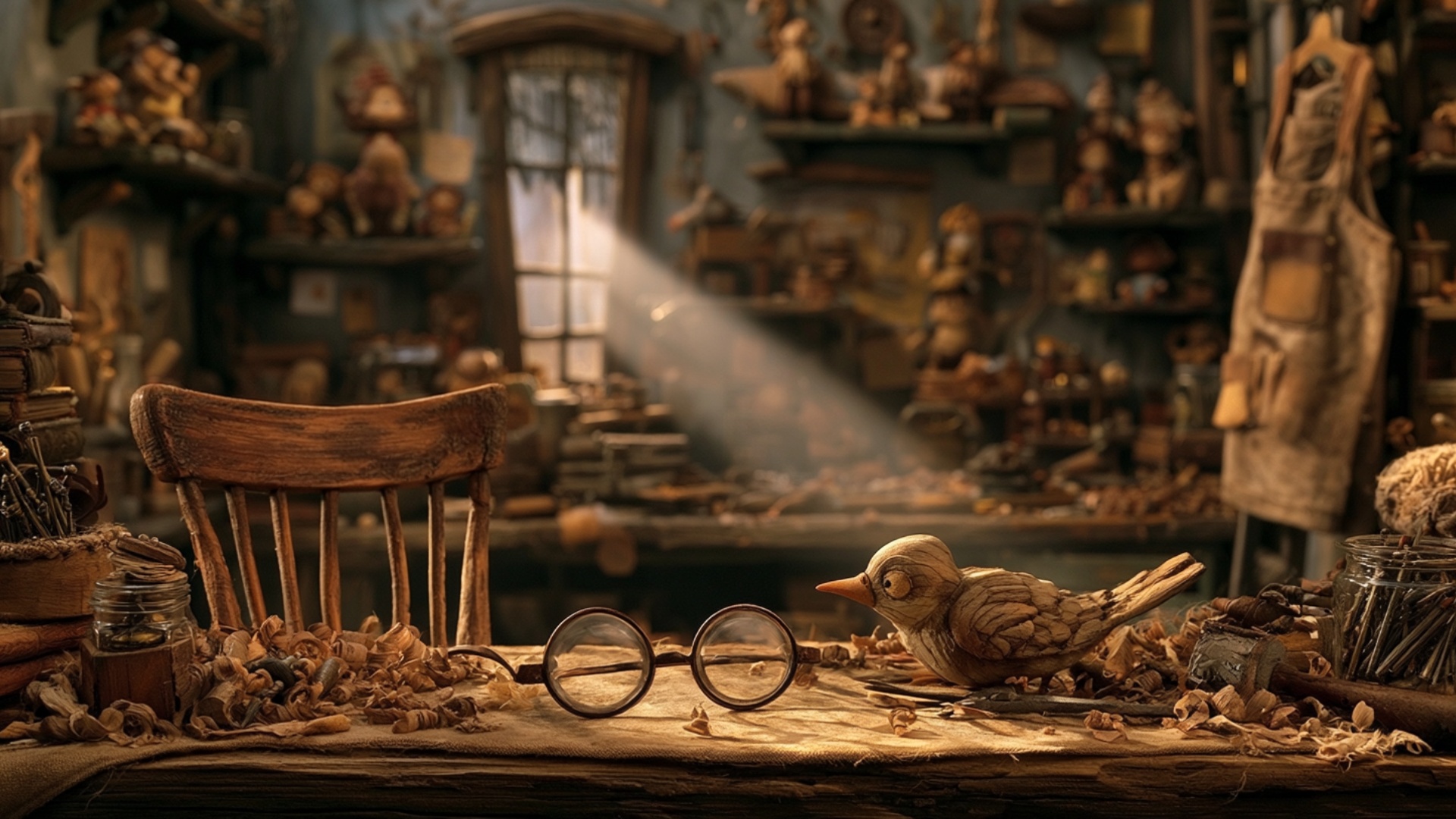 Keep the empty workshop and every object exactly in place. A warm shaft of sunlight slowly bright...