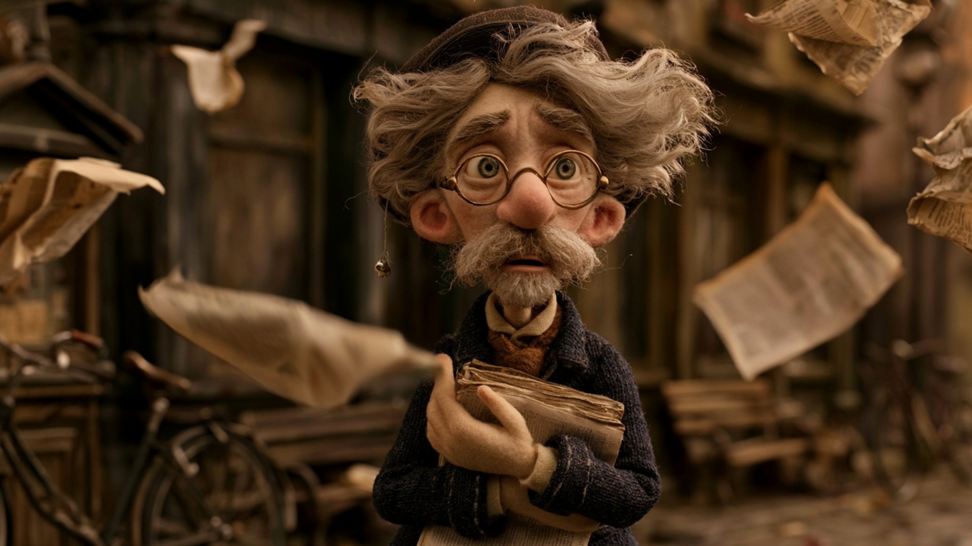 Starting from the exact pose, the man hugs the stack of newspapers tighter against his chest as t...