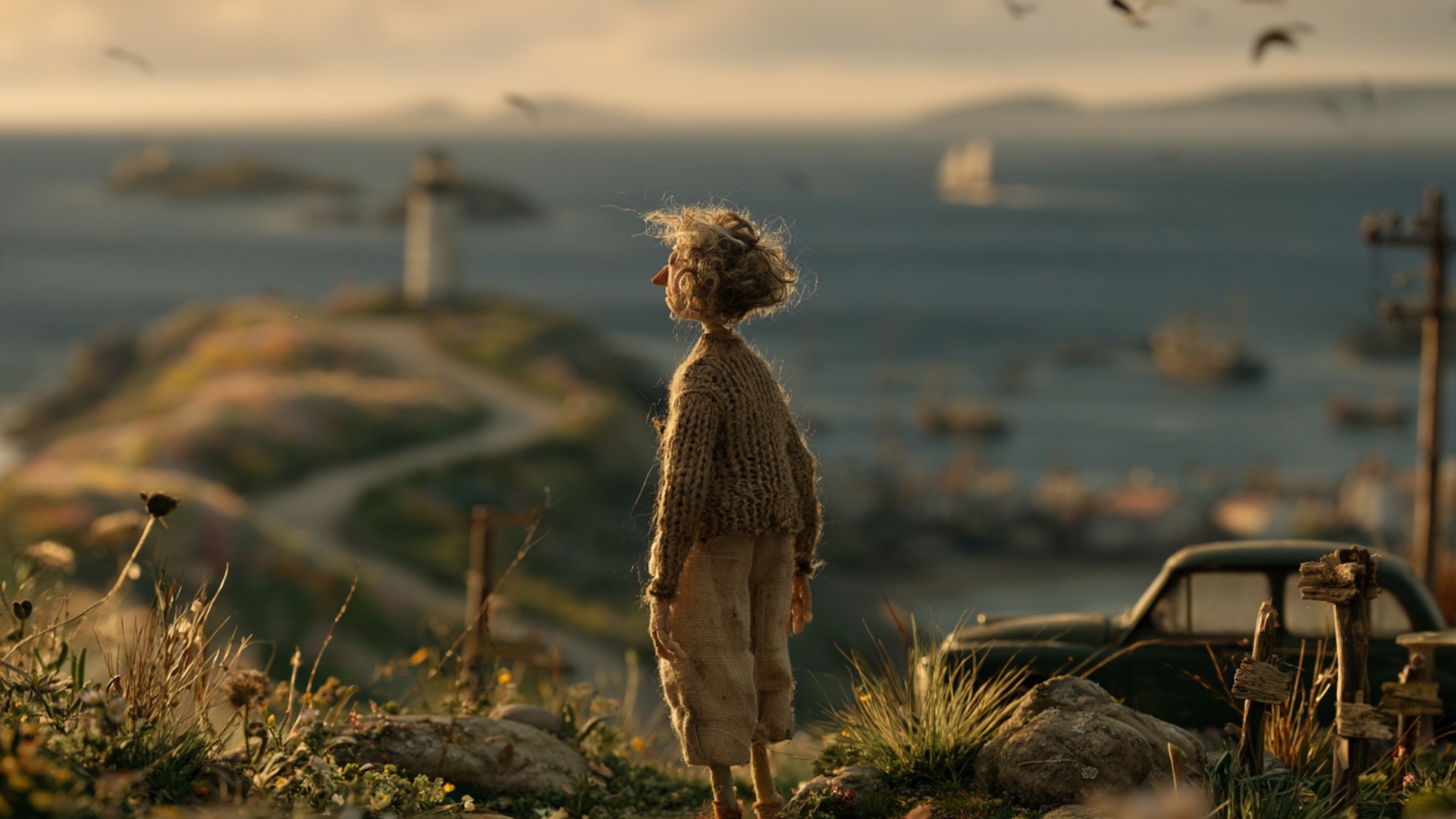 The man remains standing on the grassy coastal hill, quietly looking toward the sea. A steady oce...