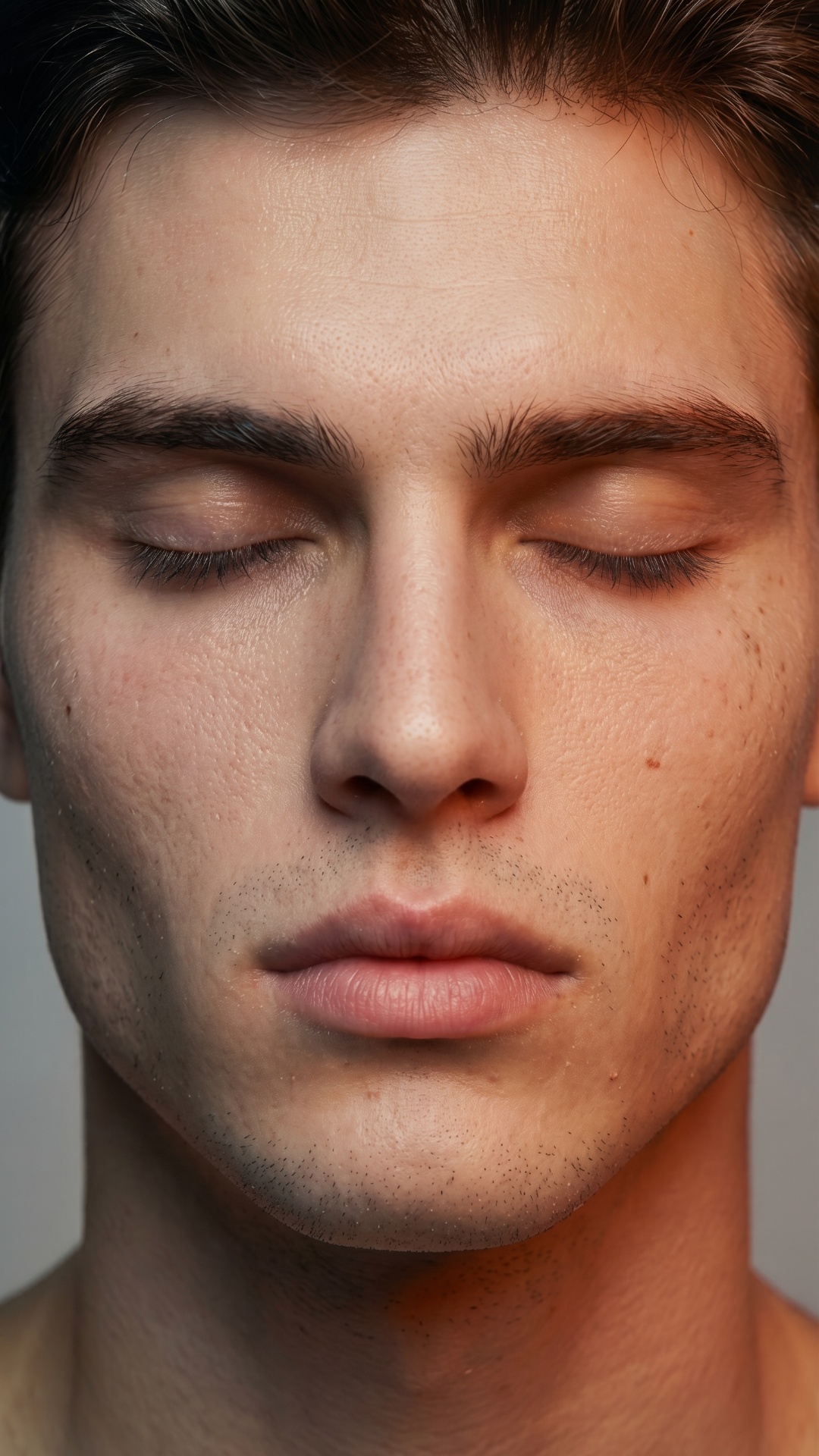 Final close-up portrait. The man returns to the initial pose, eyes closing slowly with a satisfie...