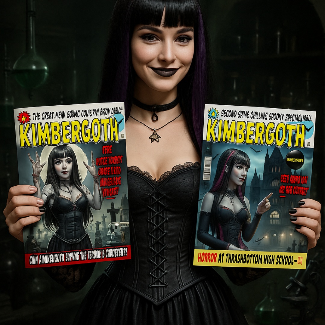 Woman holds up the comics smiling and says "Buy my comic now!"

Gothic. Mysterious. Intriguing. C...
