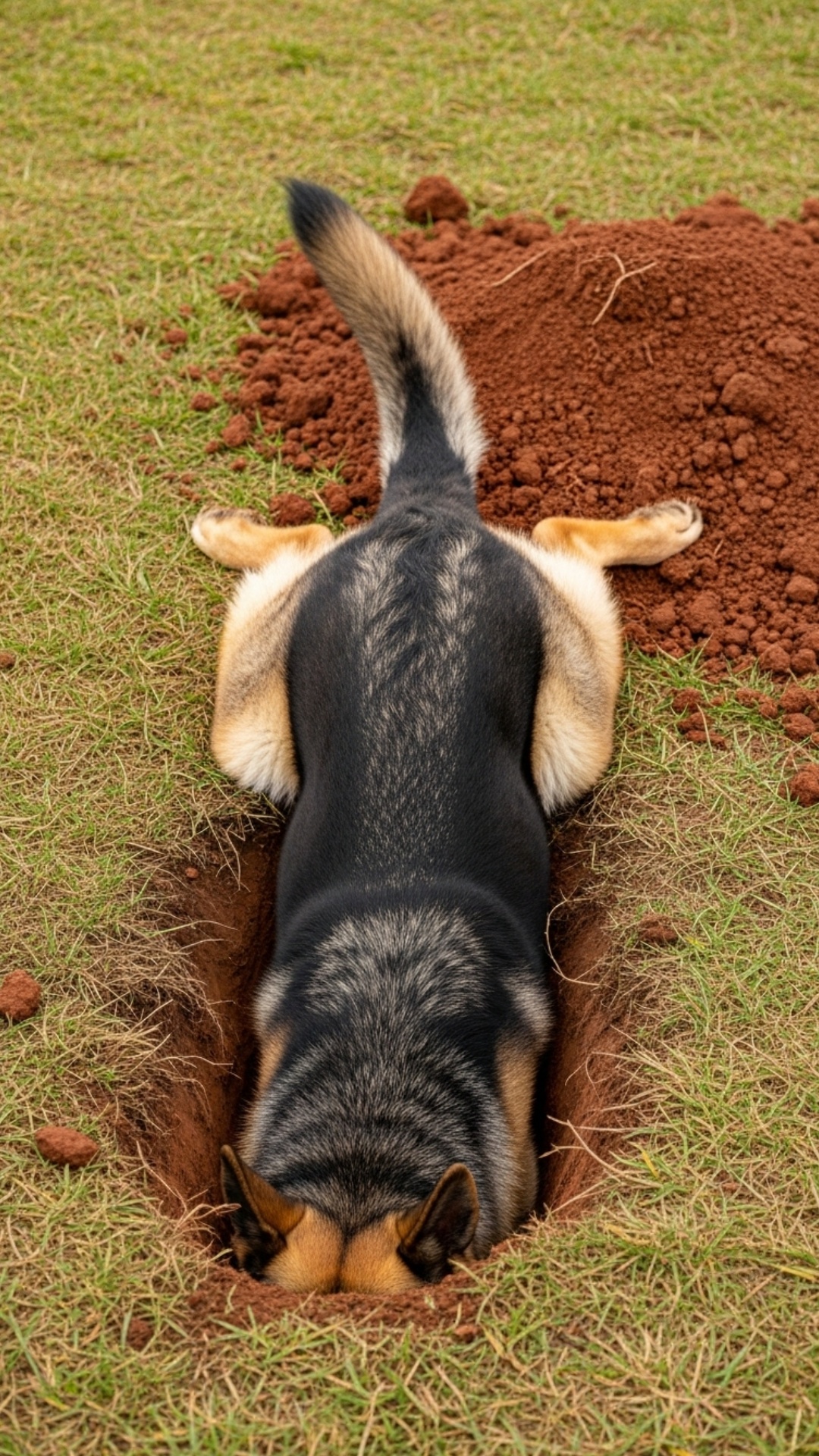 A hyper-realistic 8-second video of a German Shepherd dog outdoors, digging intensely.
The dog’s ...