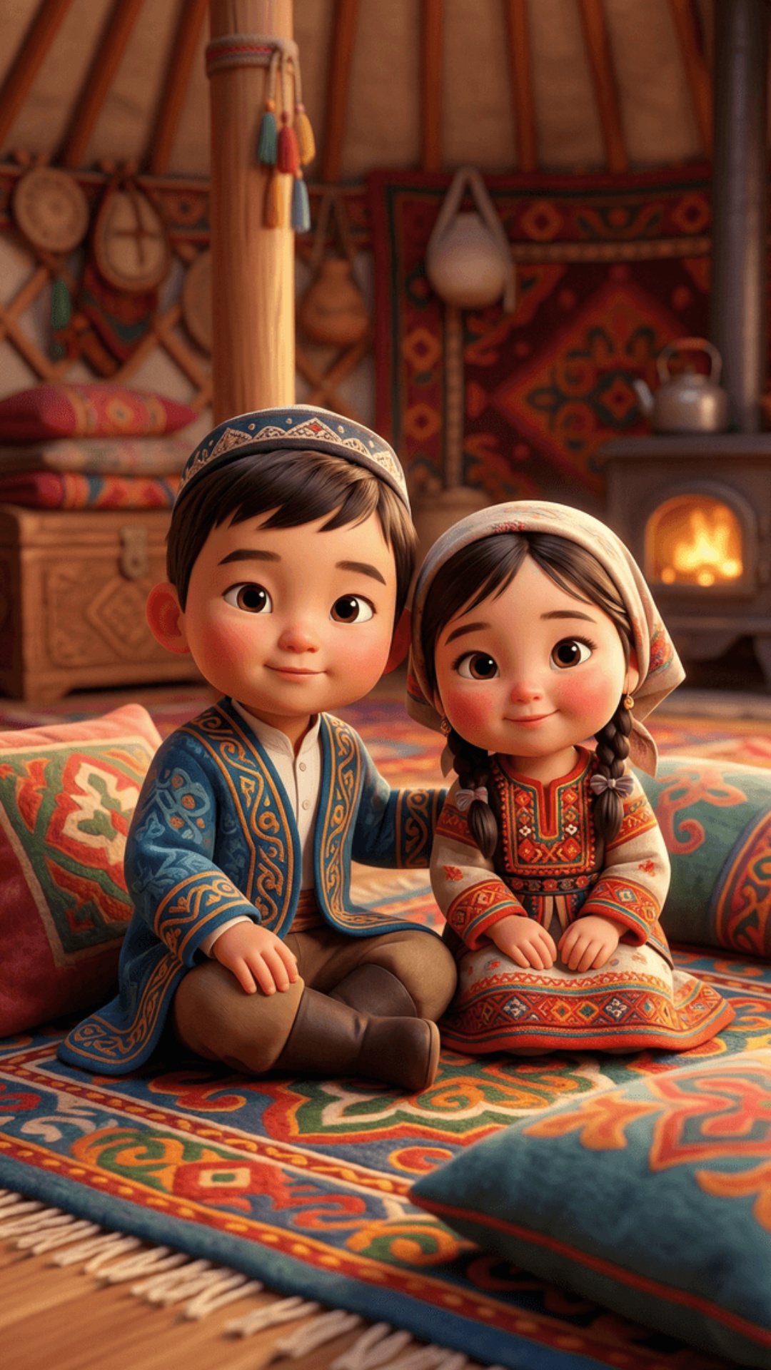 vertical 9:16, pixar style, stylized кыргыз characters, no realism

main character: кыргыз boy, 3...