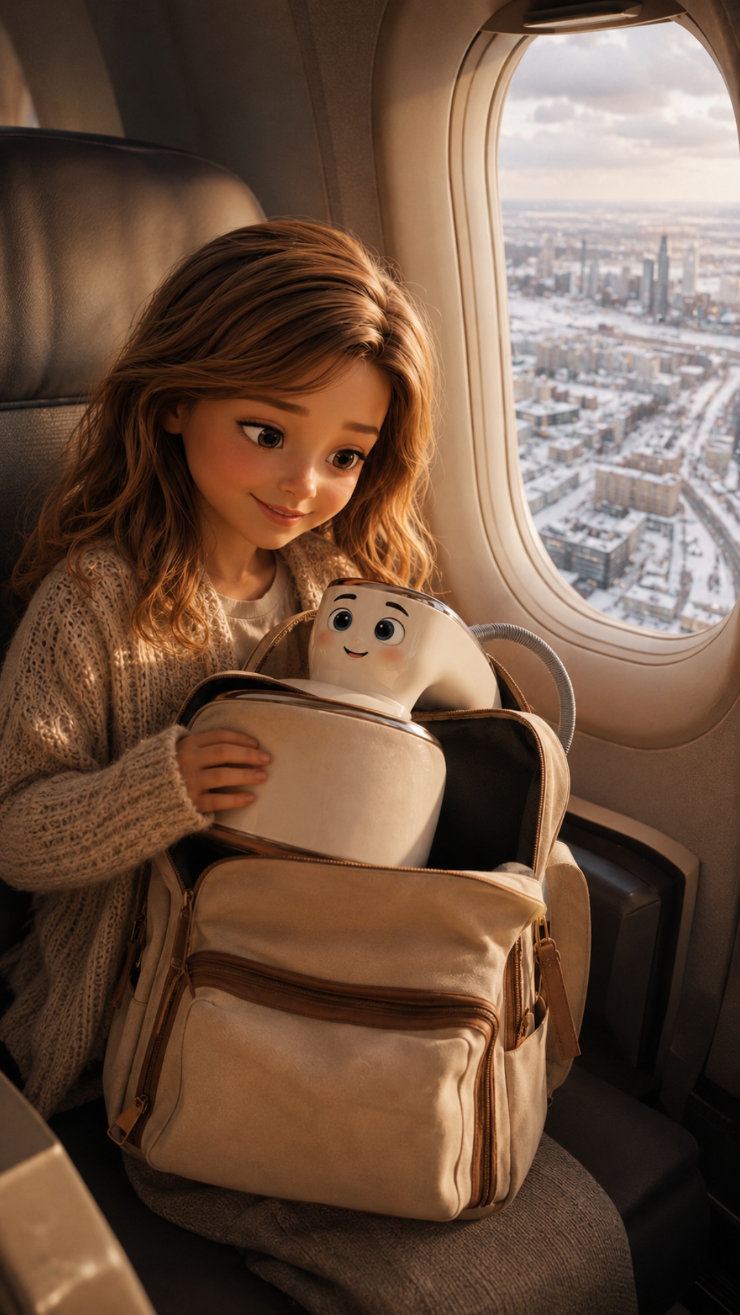 Cinematic airplane cabin shot during flight above winter Moscow. The little girl calmly sits near...
