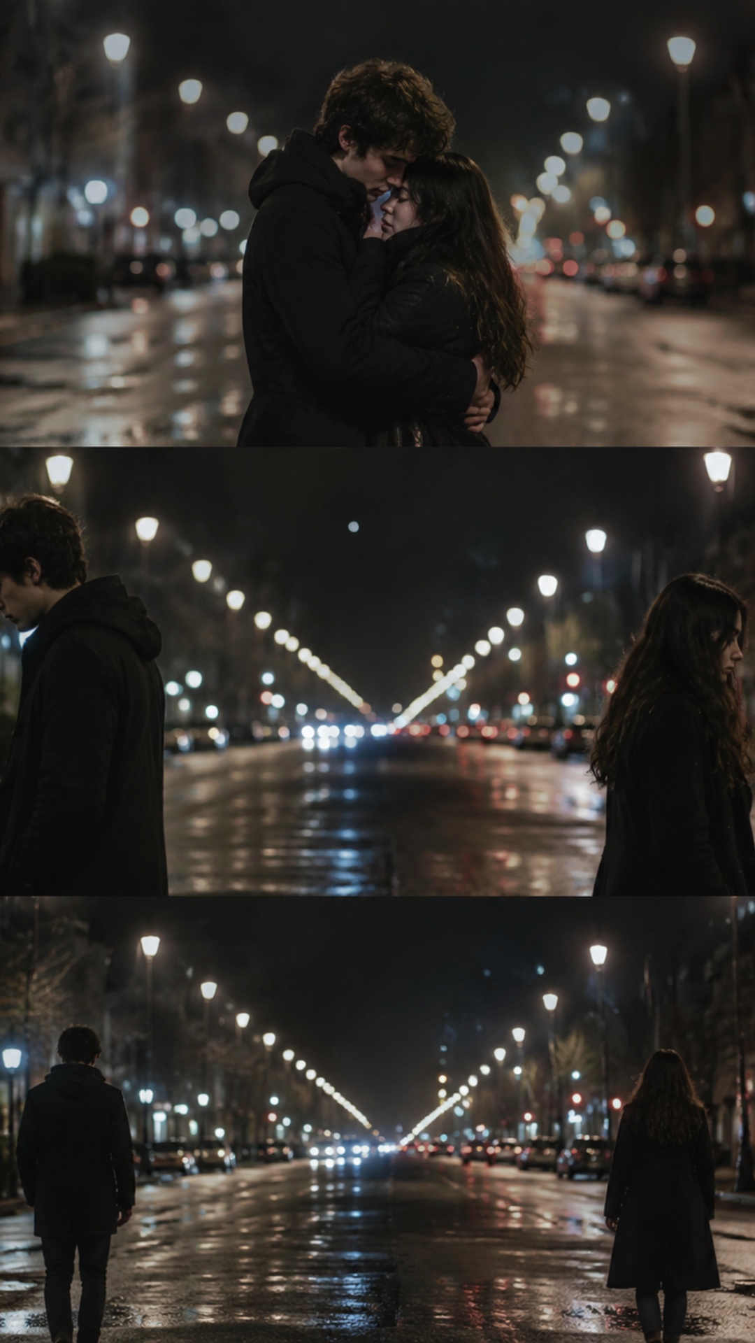 urban rainy street night, wet asphalt reflections, mist, young couple 20s dark coats sad longing,...
