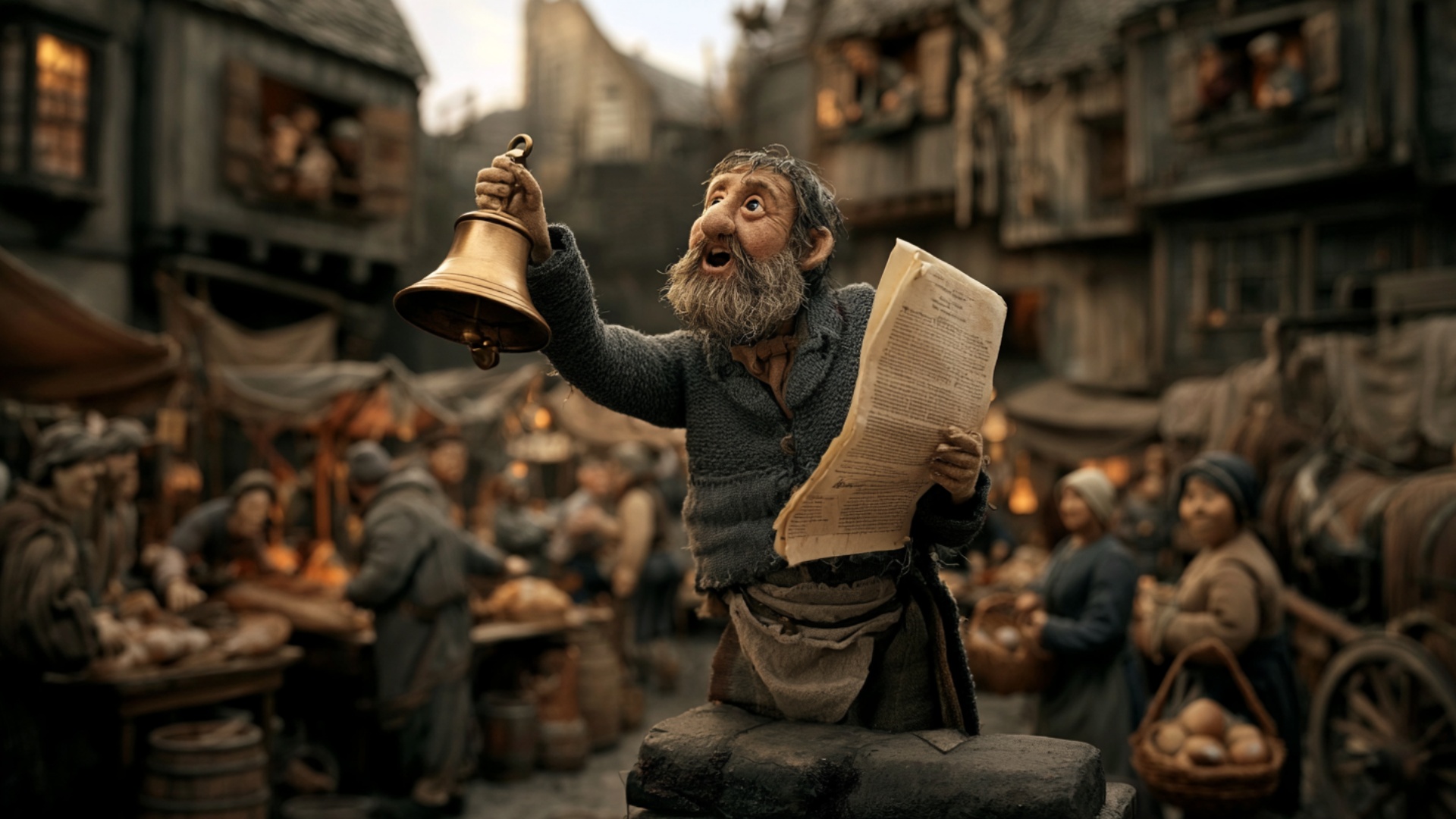 The town crier raises the existing brass bell slightly higher and gives it one deliberate control...