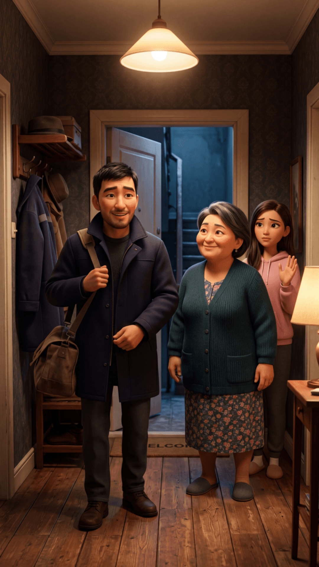 Pixar 3D animation style, cinematic 4K.
Moscow apartment hallway, evening warm lamp light.
Coat h...
