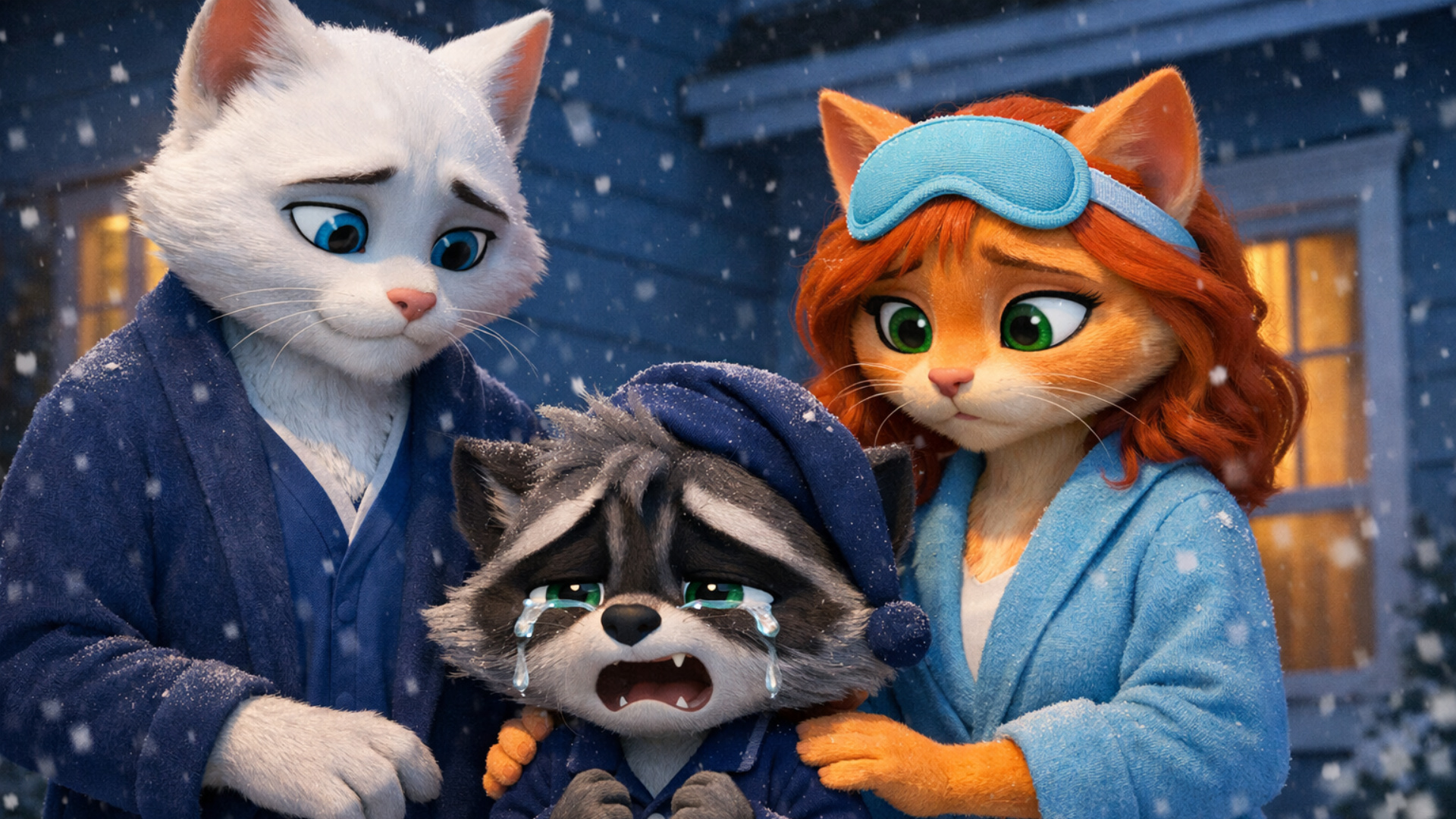 3d fluid expressive animation of anthro raccoon kid crying and talking as his anthro cat parents ...