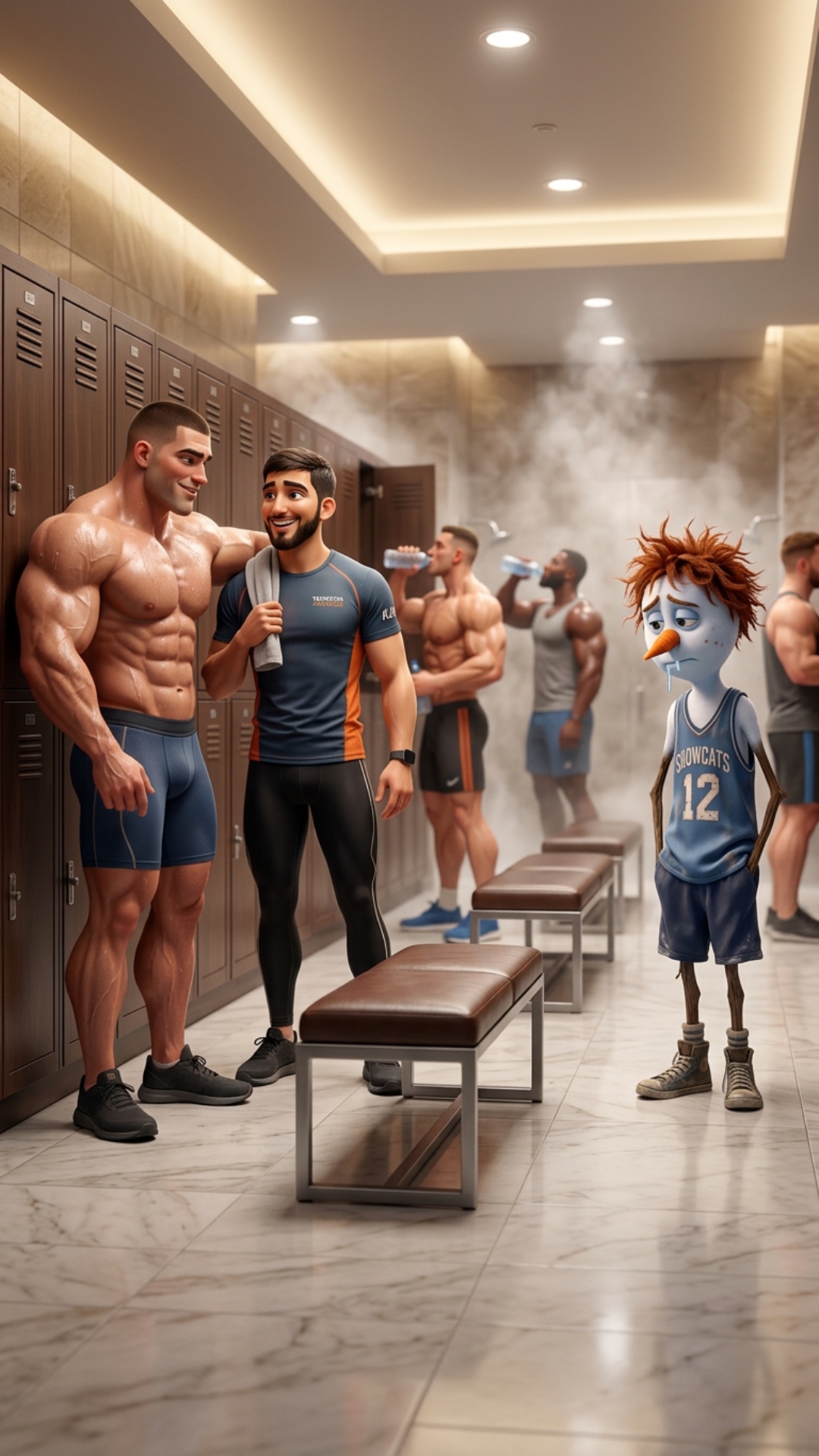 Камера статична. Стиль 3d-Pixar. Кинематографическая сцена в раздевалке дорогого фитнес-клуба. На...